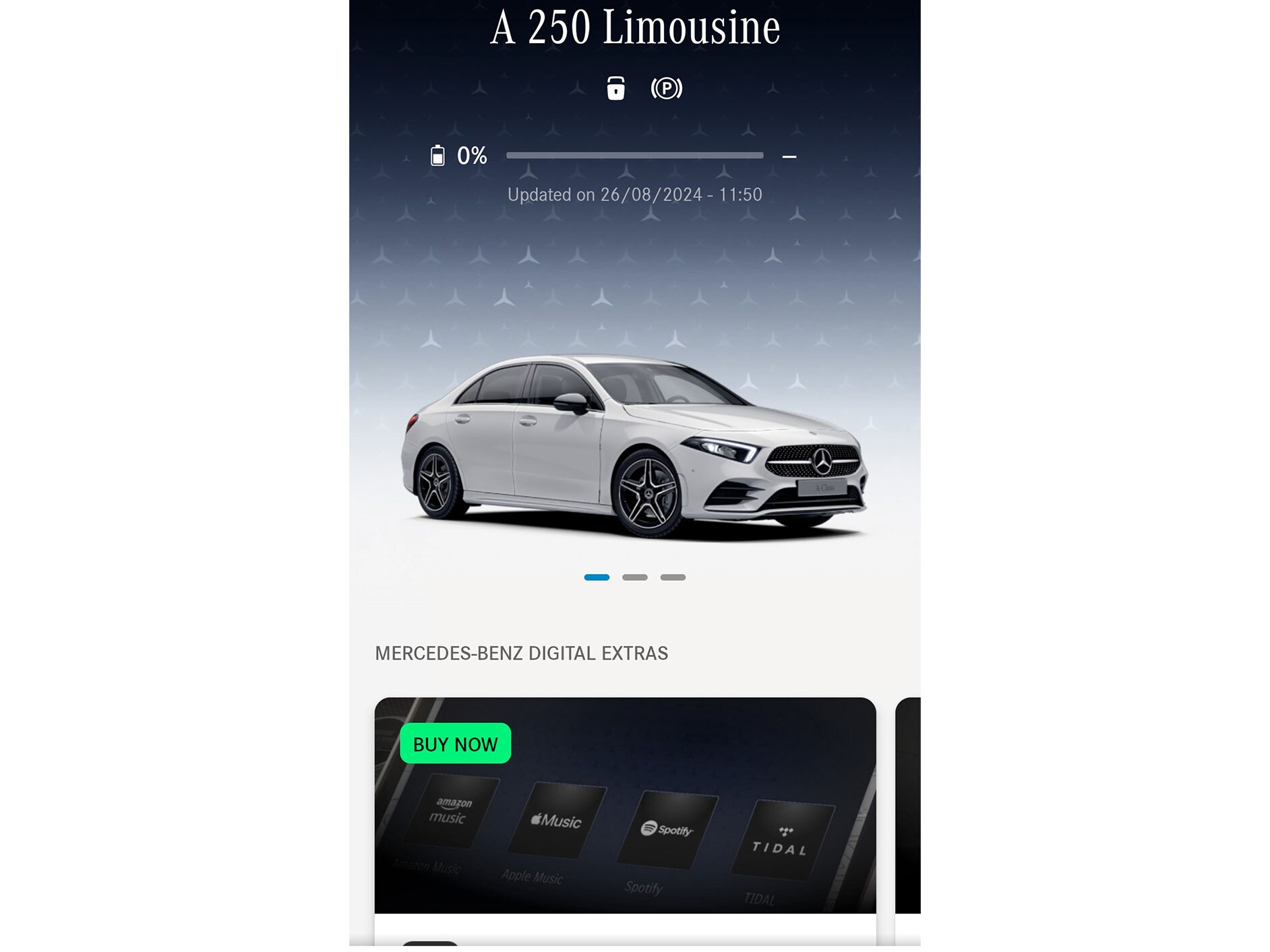 Num smartphone, são apresentadas no menu da aplicação Mercedes-Benz as funções disponíveis dos Extras Digitais Navegação, Remote e GUARD 360˚.