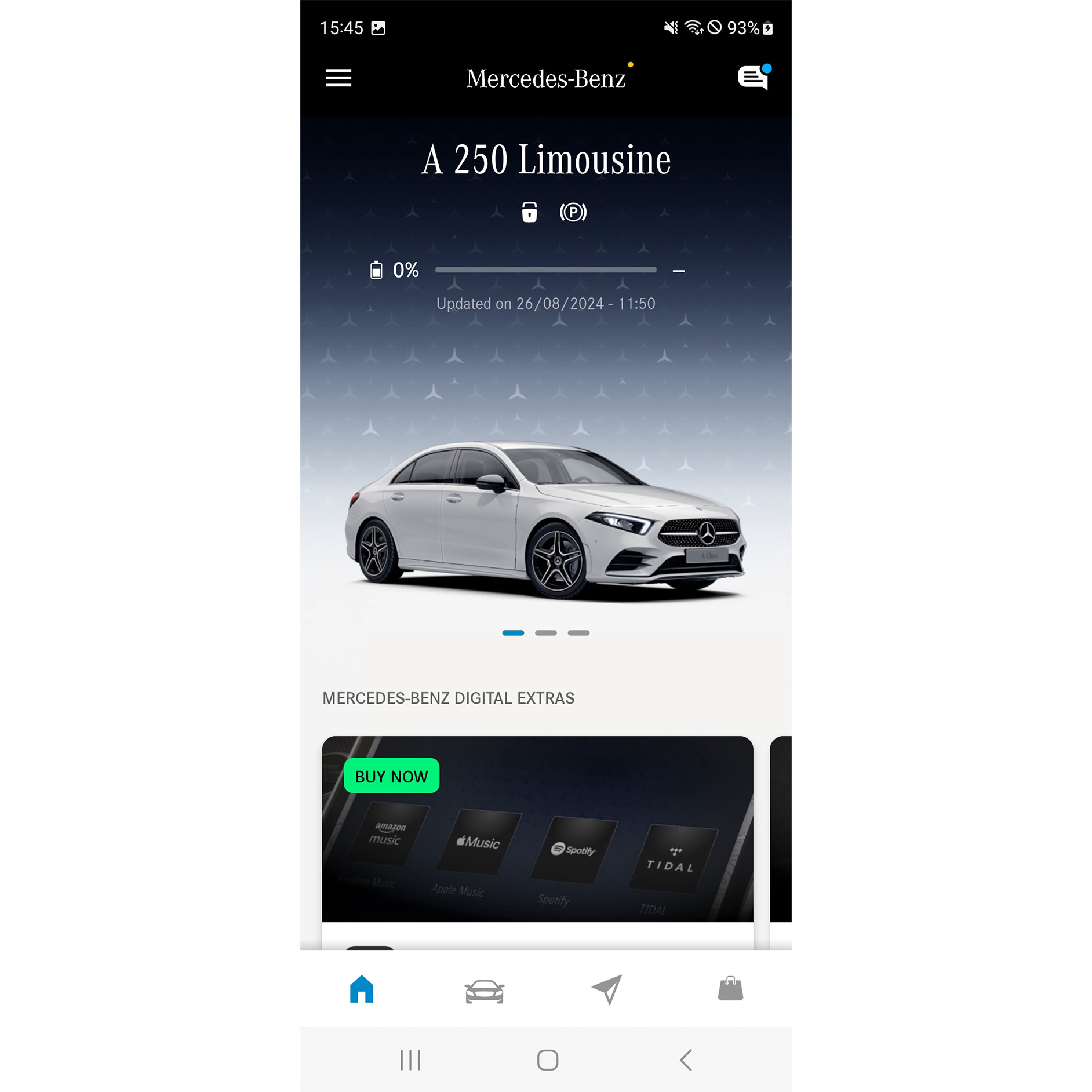 Aplicação Mercedes-Benz | Aplicações | Mercedes-Benz Num smartphone, são apresentadas no menu da aplicação Mercedes-Benz as funções disponíveis dos Extras Digitais Navegação, Remote e GUARD 360˚.