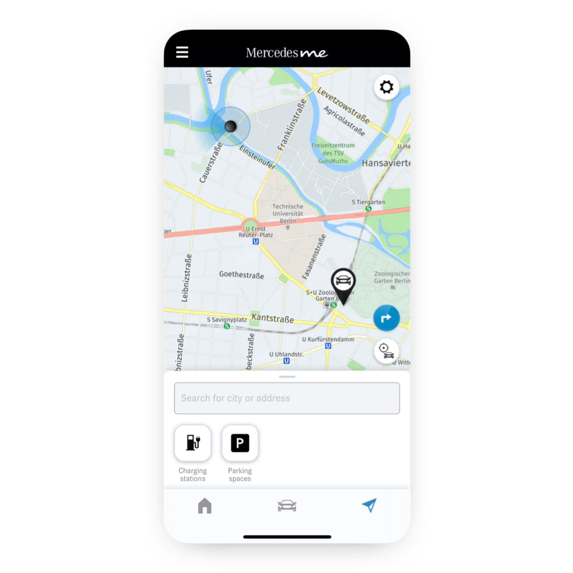 Localizador do veículo à distância | Pack Excelência | Mercedes-Benz A localização do veículo é apresentada na aplicação Mercedes-Benz App num smartphone.