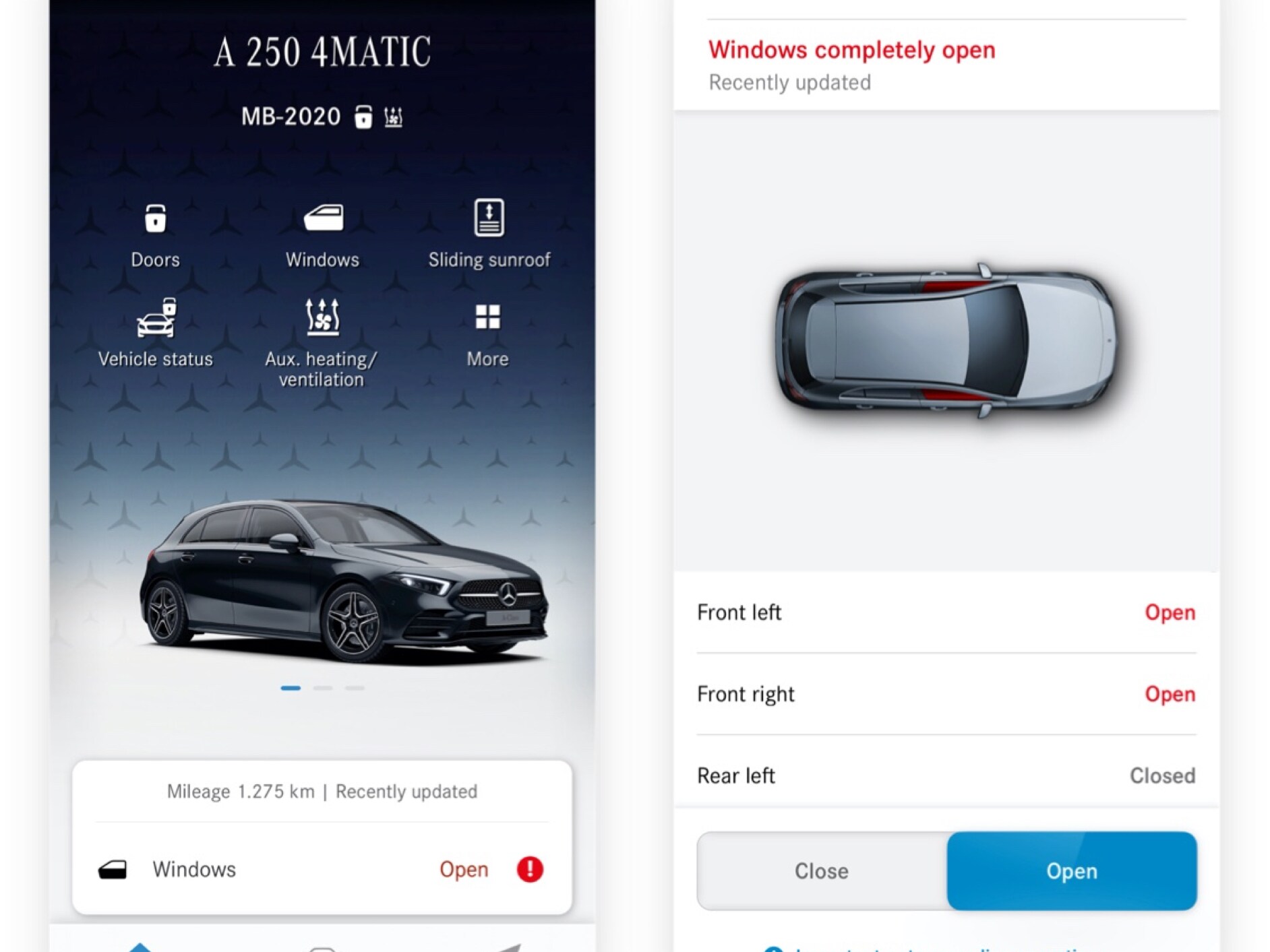 Um smartphone mostra vários ecrãs que são exibidos quando o Extra Digital Fecho e abertura remotos de janelas deteta que nem todas as janelas estão fechadas.