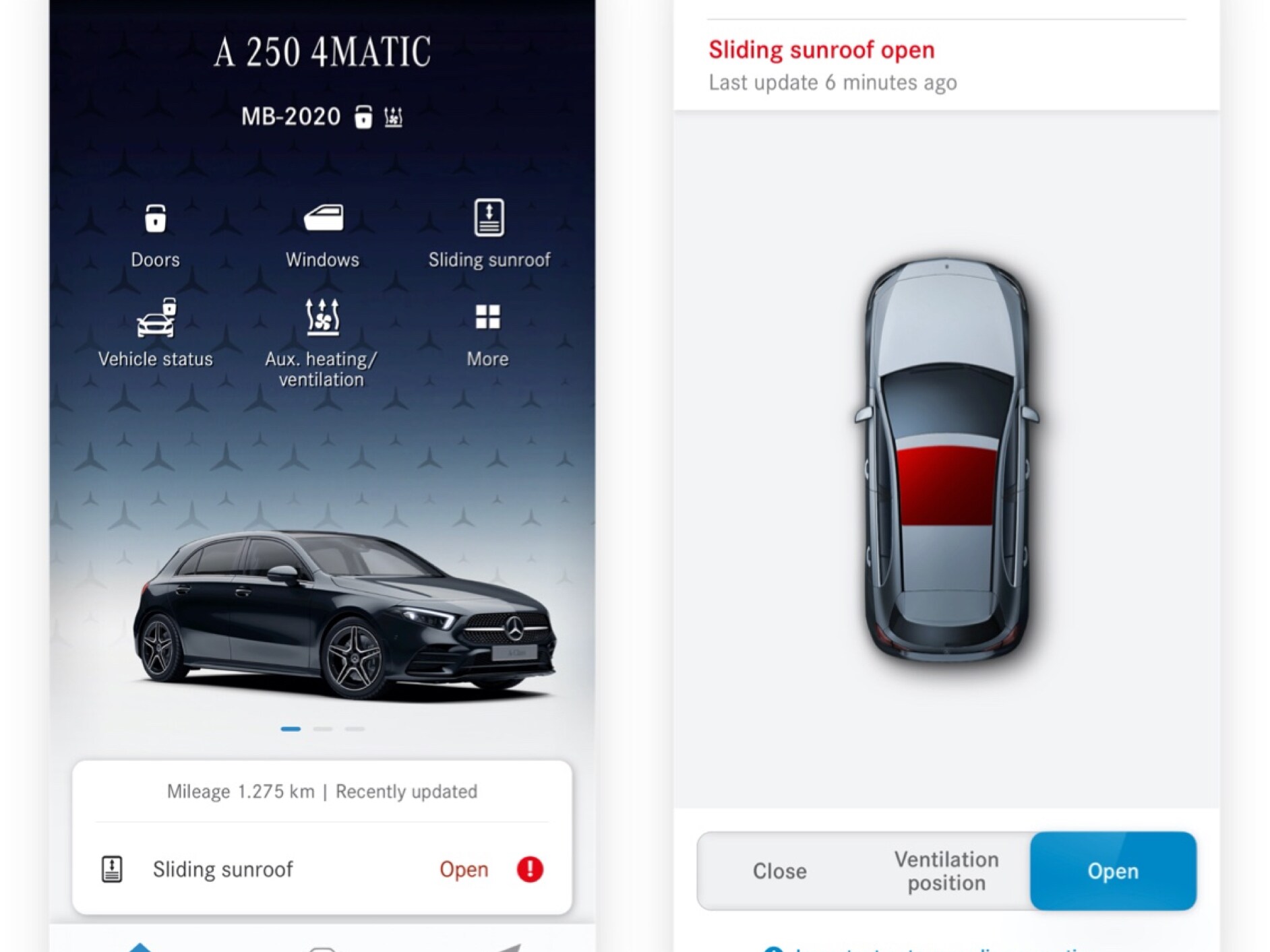 Num smartphone são apresentados os vários ecrãs que são exibidos quando o Extra Digital Fecho e abertura remotos de janelas/teto de abrir deteta que o teto de abrir não está fechado.