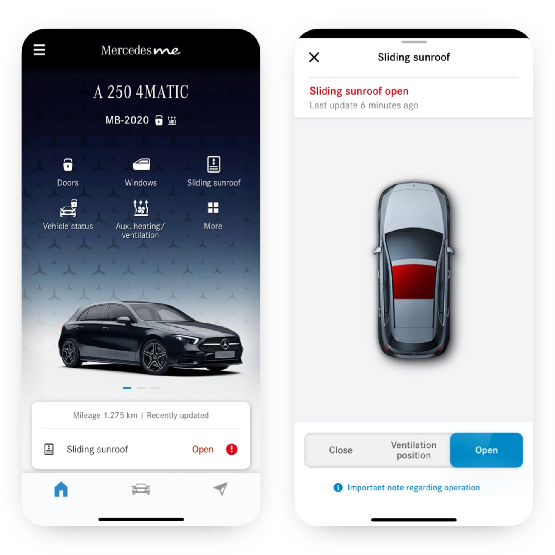 Fecho e abertura remotos de janelas/teto de abrir | Pack Excelência | Mercedes-Benz Num smartphone são apresentados os vários ecrãs que são exibidos quando o Extra Digital Fecho e abertura remotos de janelas/teto de abrir deteta que o teto de abrir não está fechado.