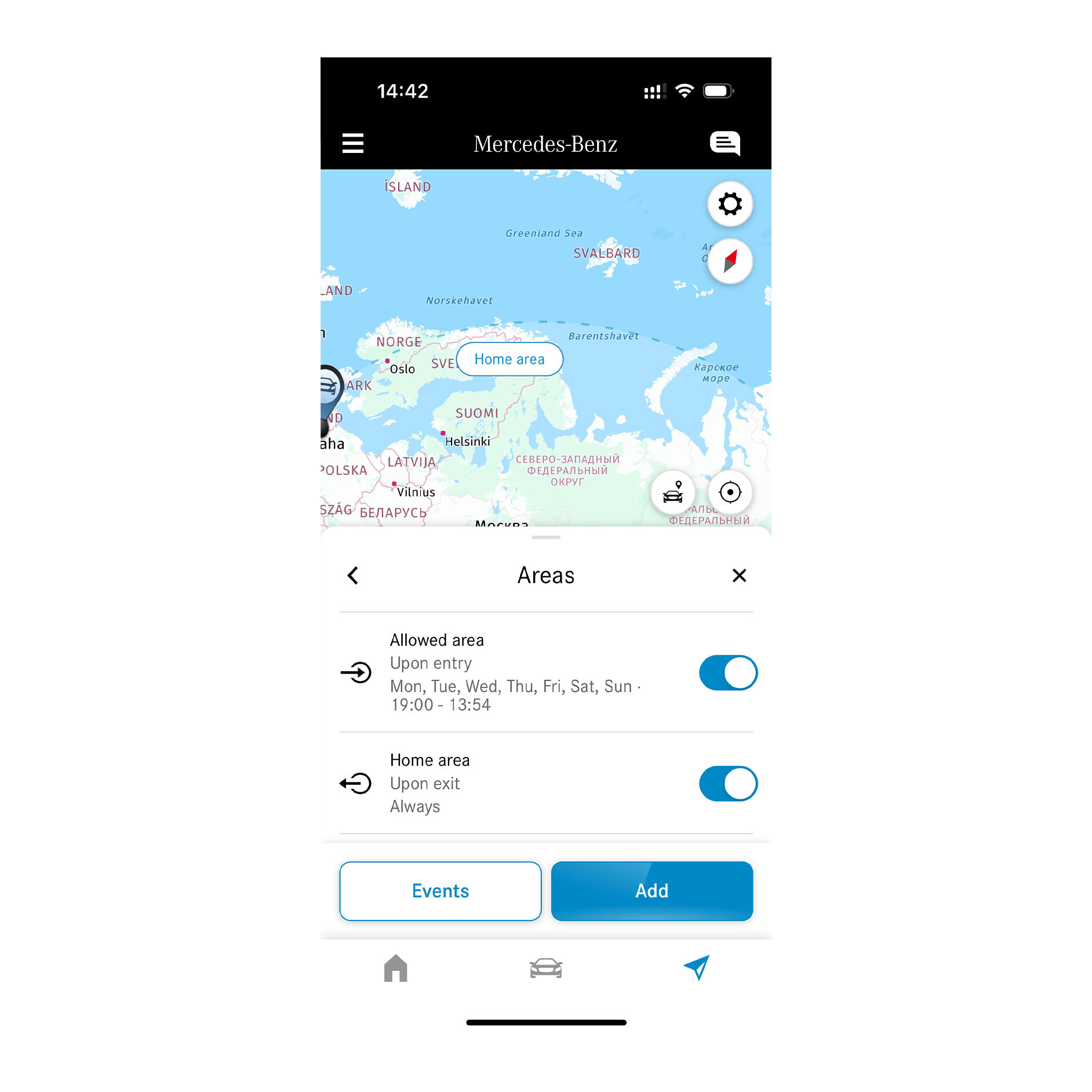 Geolocalizador | Remote | Mercedes-Benz Num smartphone é apresentado se um veículo se desloca dentro ou fora de uma área definida graças ao Extra Digital Geolocalizador.