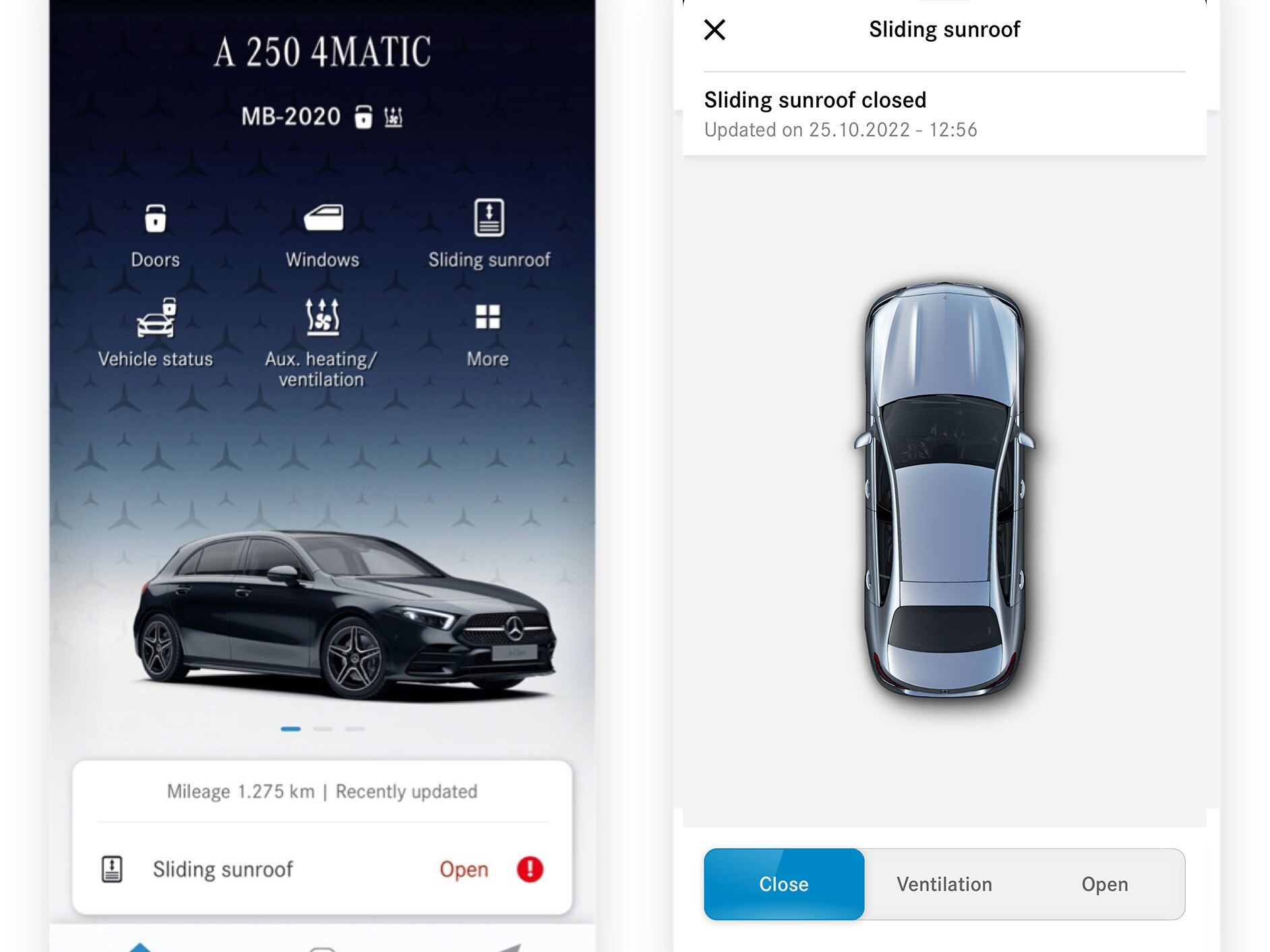 Num smartphone são apresentados os vários ecrãs que são exibidos quando o Extra digital Fecho e abertura remotos de janelas/teto de abrir deteta que o teto de abrir não está fechado.