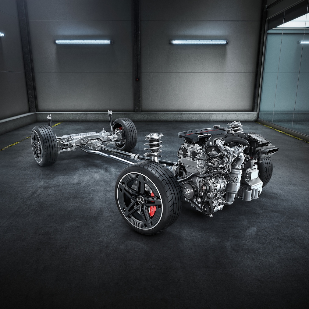 O chassi com a cadeia cinemática AMG do Mercedes-AMG A 35 4MATIC ou A 45 S 4MATIC+.