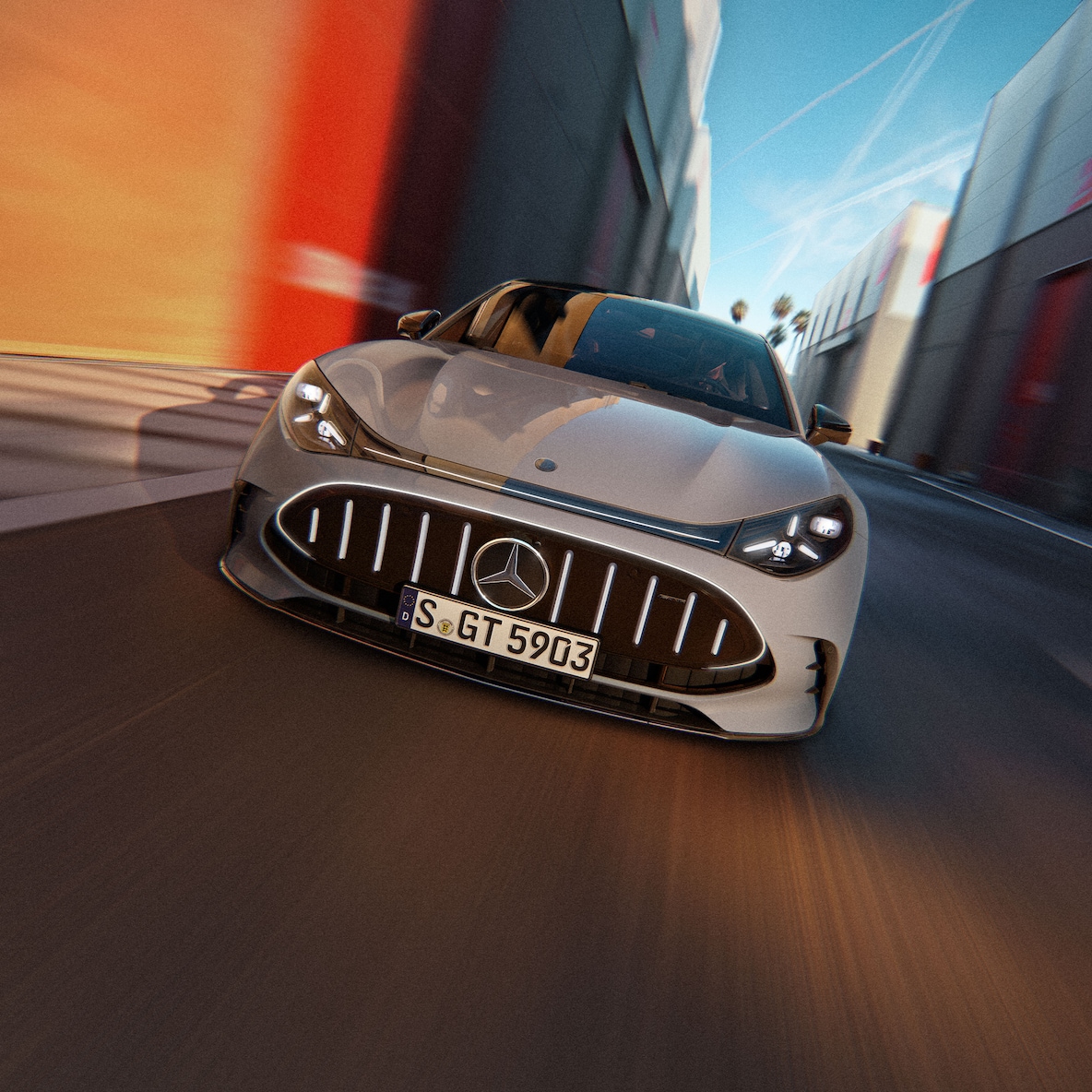 A imponência da vista frontal do Mercedes‑AMG GT Coupé  4 portas.