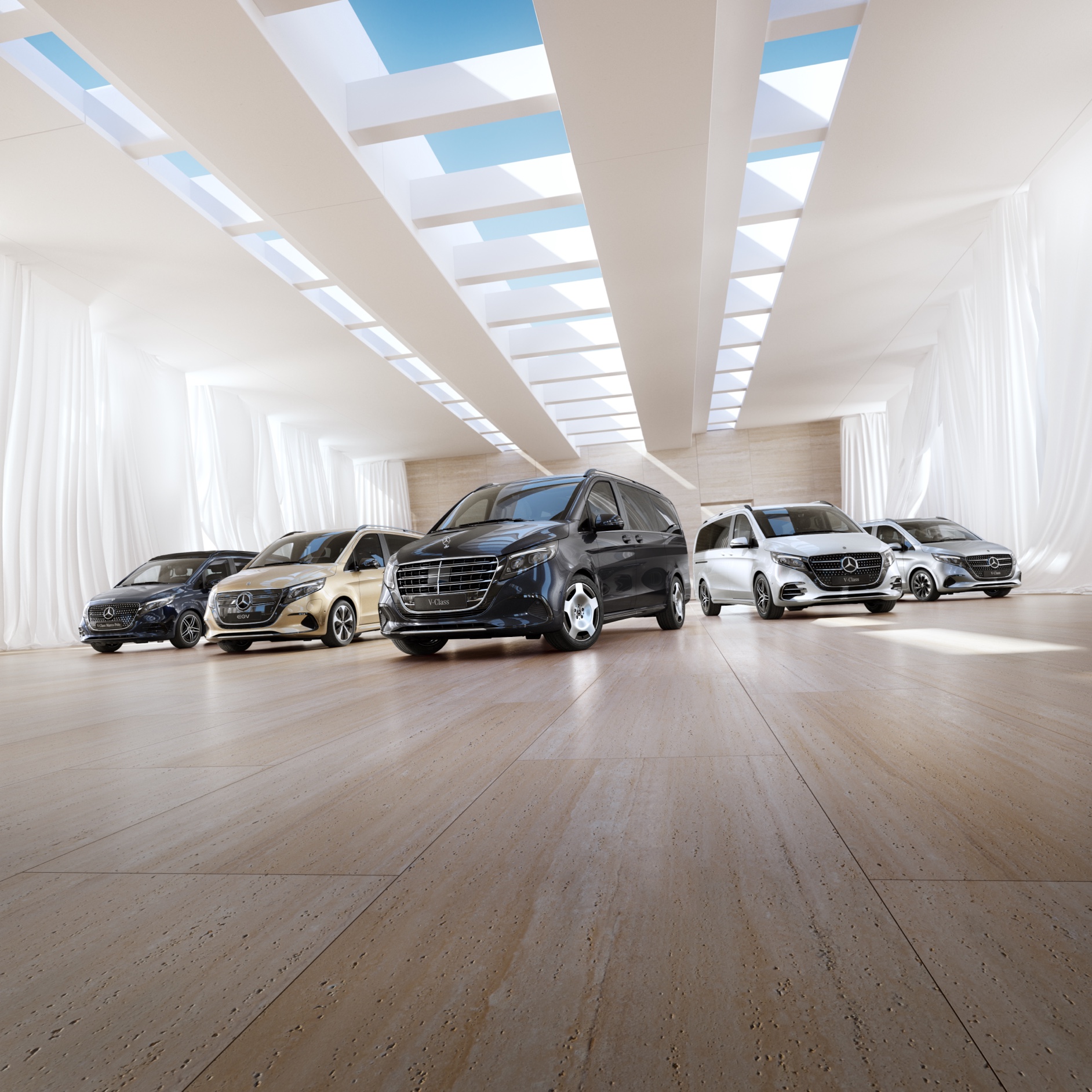 Conforto | EQV | Mercedes-Benz Vans Os modelos de furgões e autocaravanas Mercedes-Benz encontram-se num showroom.