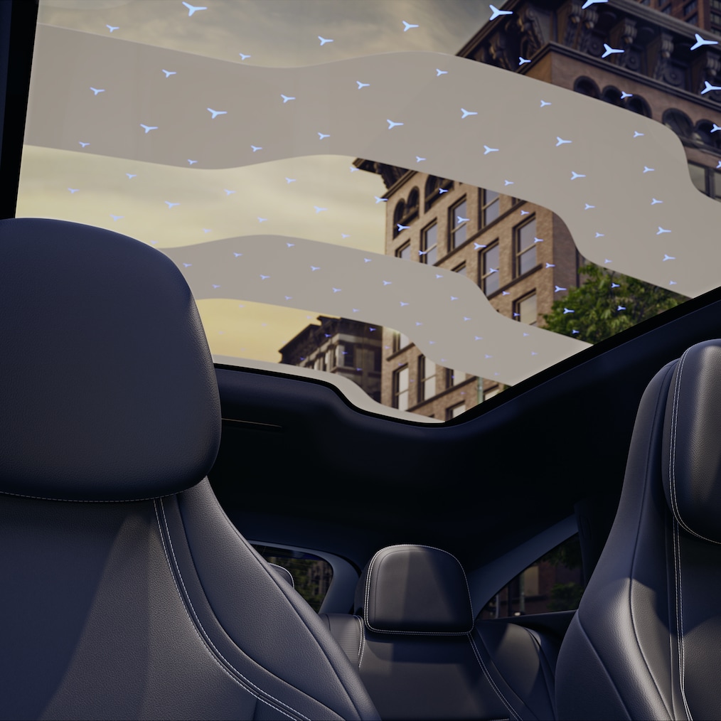 Uma vista aérea do teto panorâmico SKY CONTROL com padrão iluminado.