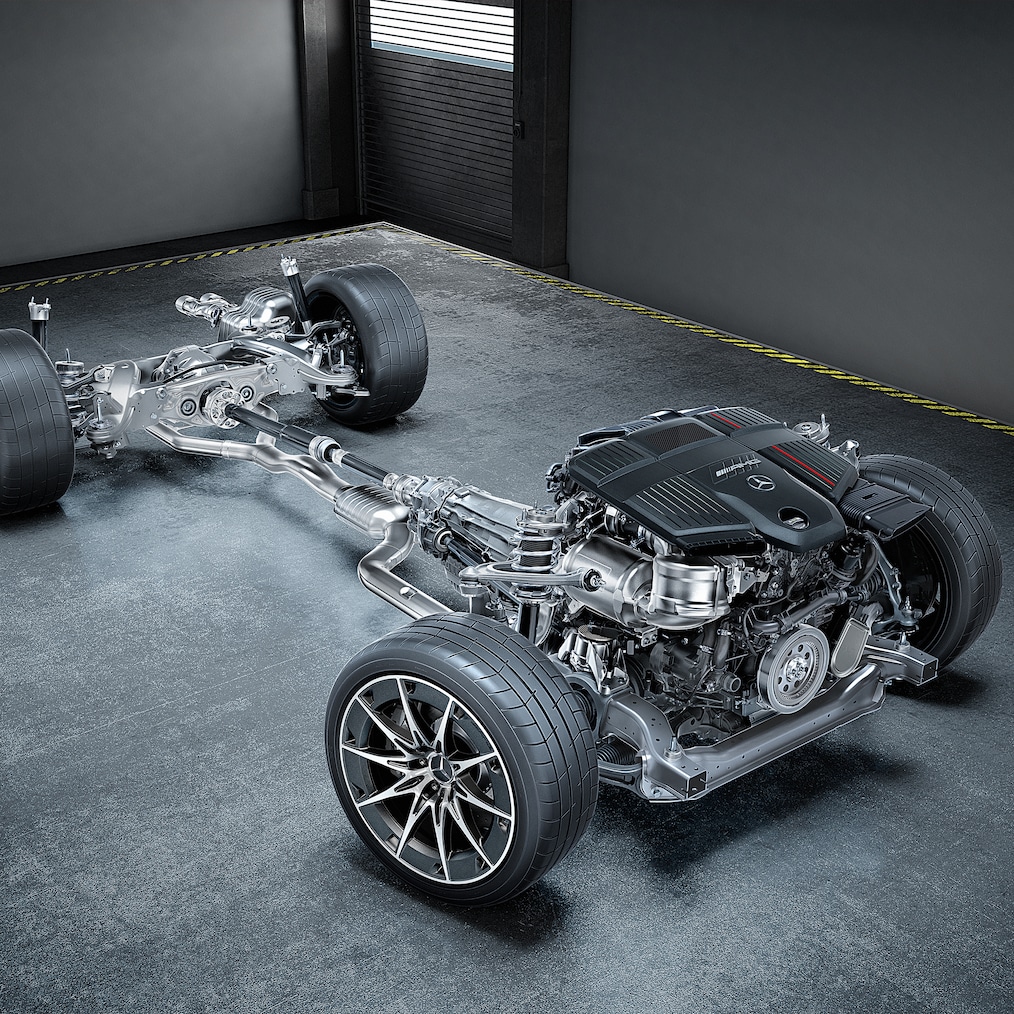 Vista da cadeia cinemática com motor de 6 cilindros em linha de 3,0 litros e AMG Performance 4MATIC+.