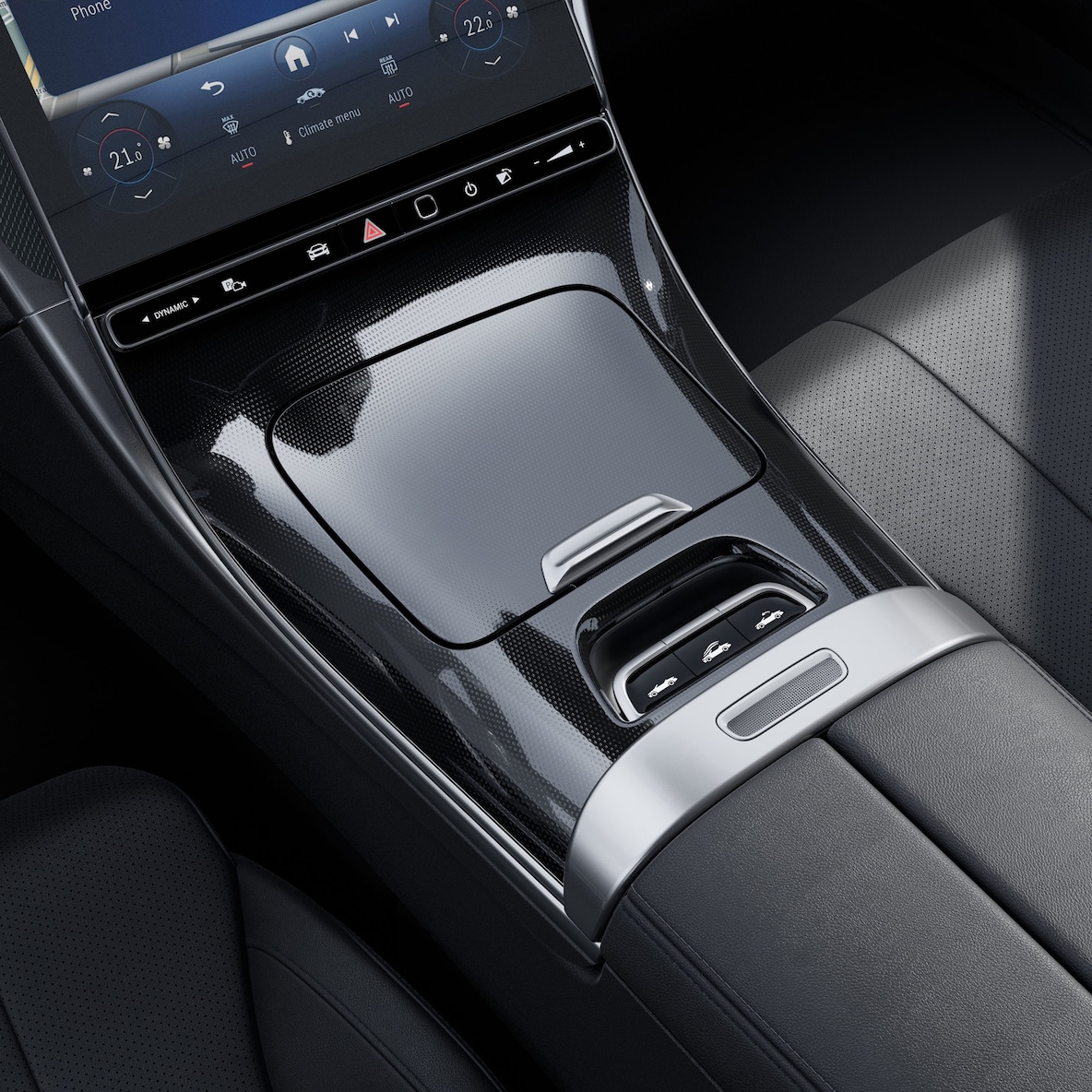A consola central preta com aspeto de estrutura fina no Mercedes-Benz CLE Cabrio.