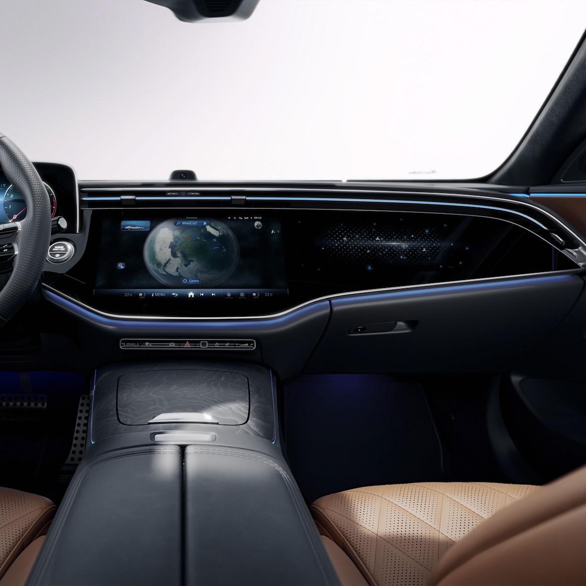 O MBUX Superscreen com câmara de vídeo e selfie no Classe E Limousine da Mercedes-Benz.