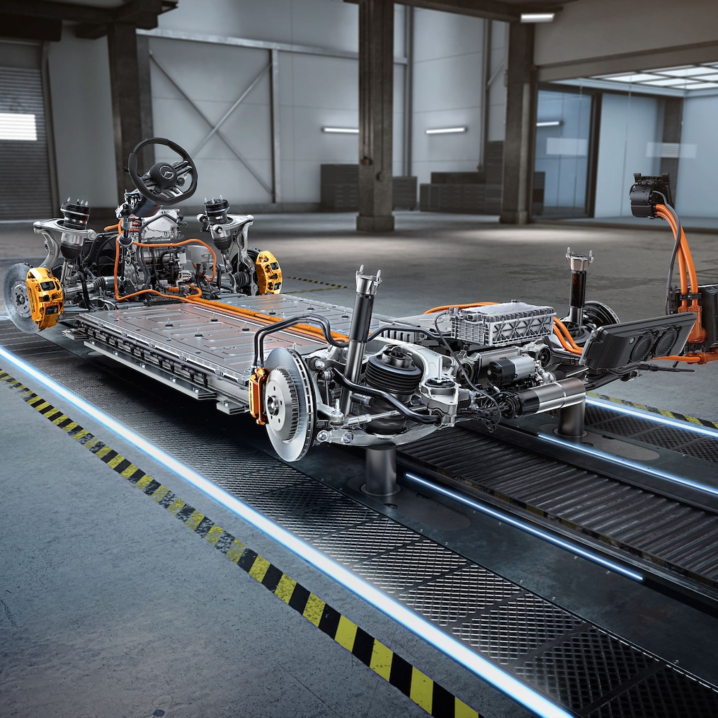 O chassi com cadeia cinemática do Mercedes-AMG EQE 53 4MATIC+ SUV.