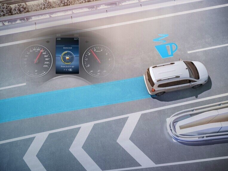 O sistema de assistência à condução ATTENTION ASSIST no Mercedes-Benz EQT.