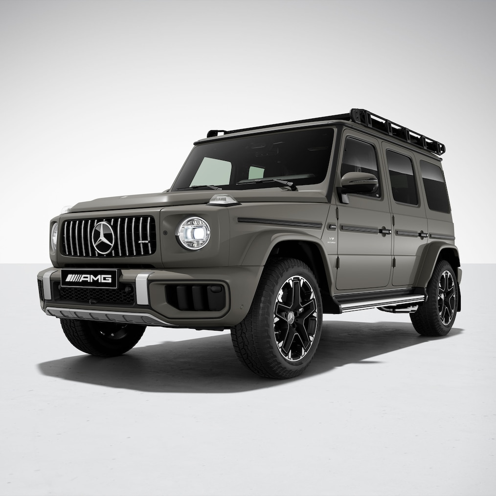 Vista frontal lateral de um Mercedes-AMG G 63 com Pack AMG Offroad PRO.