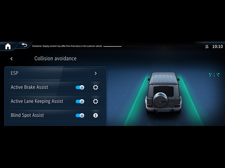Uma exemplificação de como funciona o Assistente Ativo de Faixa de Rodagem no Classe G da Mercedes-Benz.