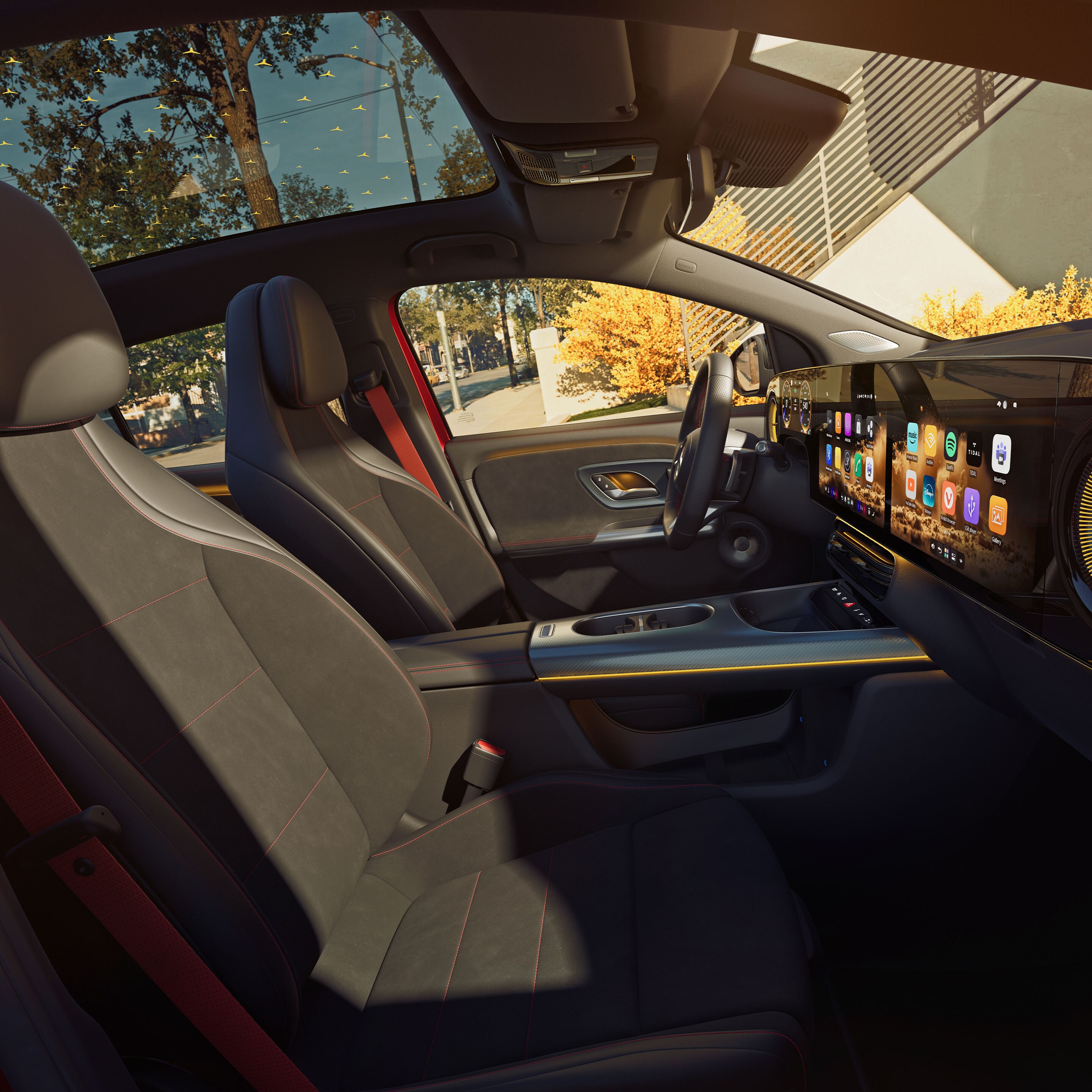 O interior do novo GLA elétrico da Mercedes-Benz, com destaque para as filas de bancos dianteira e traseira, visto pela janela do acompanhante.