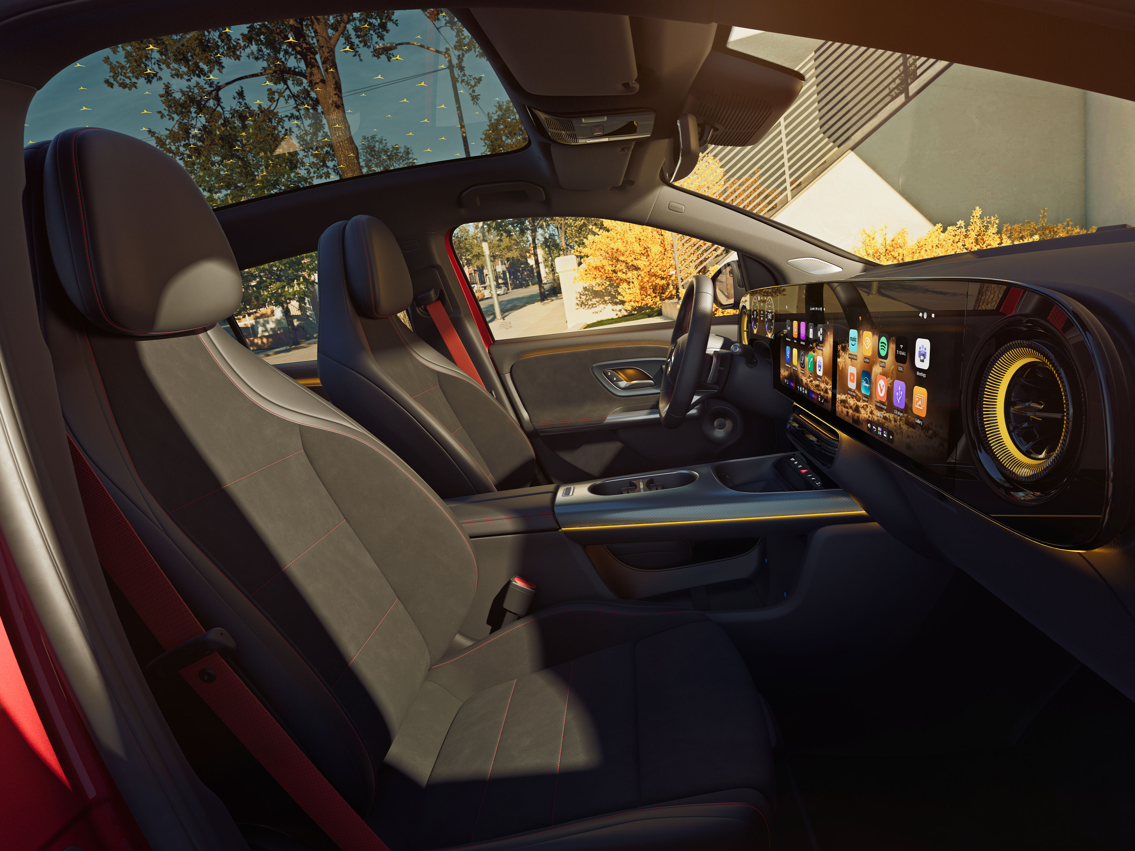 Interior | O novo GLA elétrico | Mercedes-Benz O interior do novo GLA elétrico da Mercedes-Benz, com destaque para as filas de bancos dianteira e traseira, visto pela janela do acompanhante.