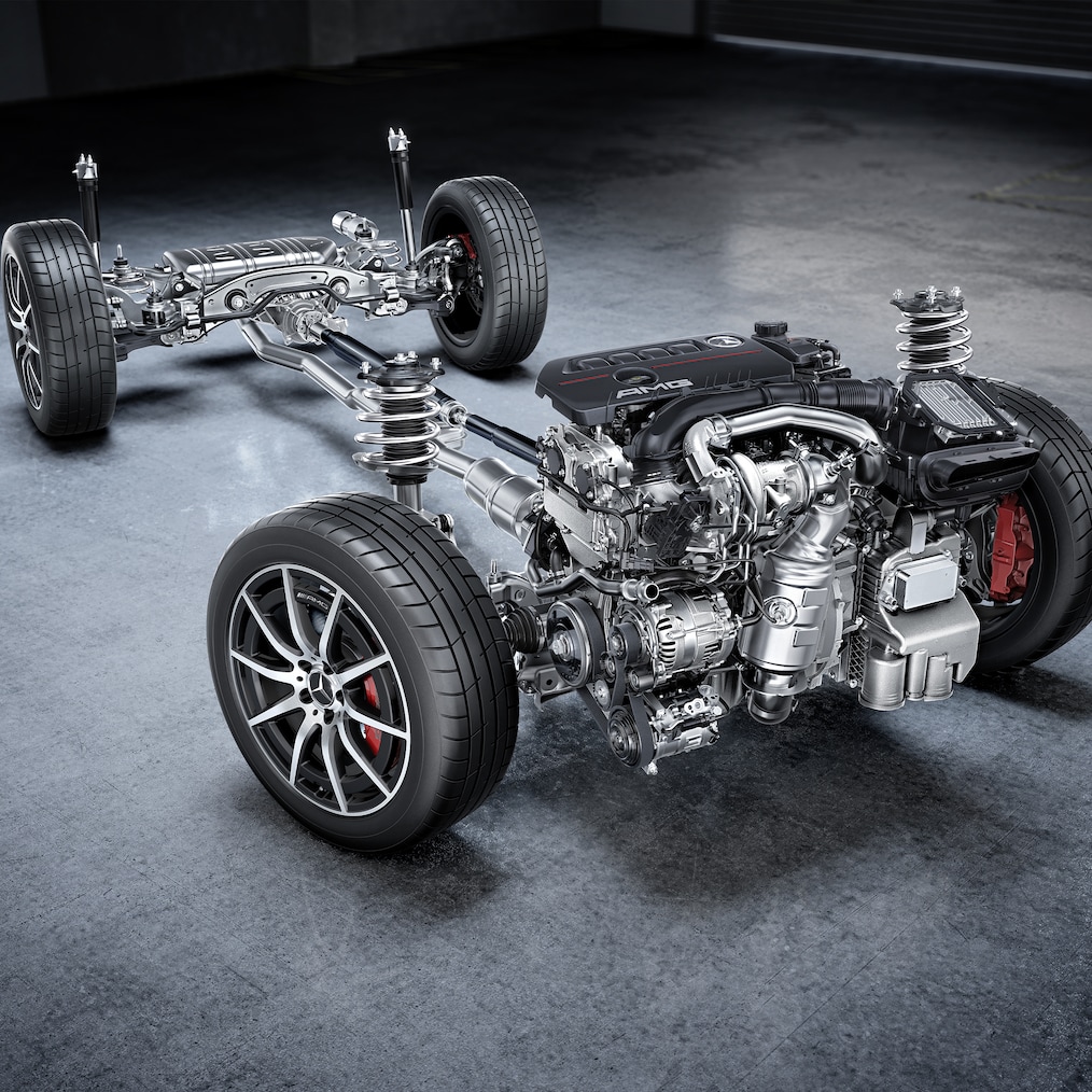 O chassi com cadeia cinemática do Mercedes-AMG GLB 35 4MATIC.
