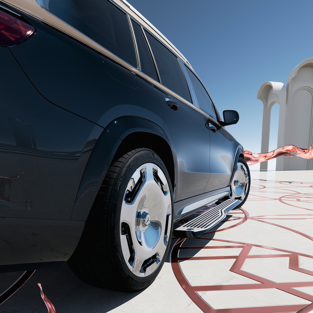 Vista vertical a partir de cima do Mercedes-Maybach GLS 600 com as portas abertas e os estribos estendidos.