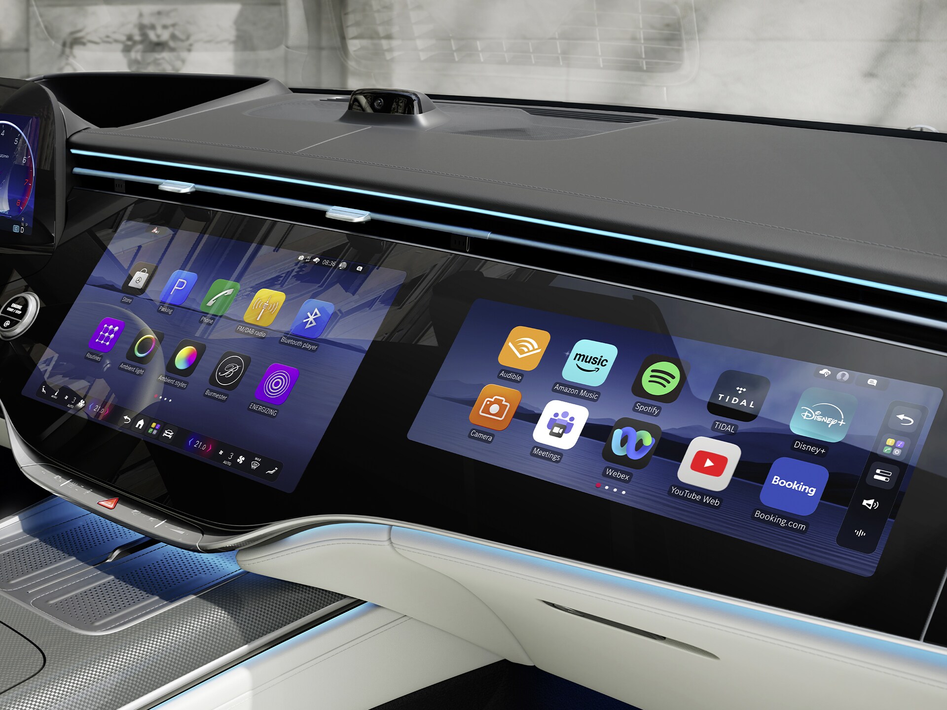 O MBUX Superscreen no cockpit do novo Mercedes-Benz Classe S Limousine Longo apresenta o MB.OS da Mercedes-Benz.