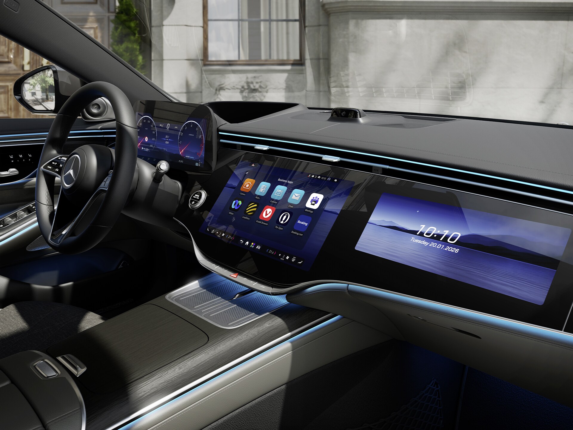 O super ecrã MBUX no cockpit da nova Mercedes-Benz Classe S Limousine apresenta o MB.OS da Mercedes-Benz.