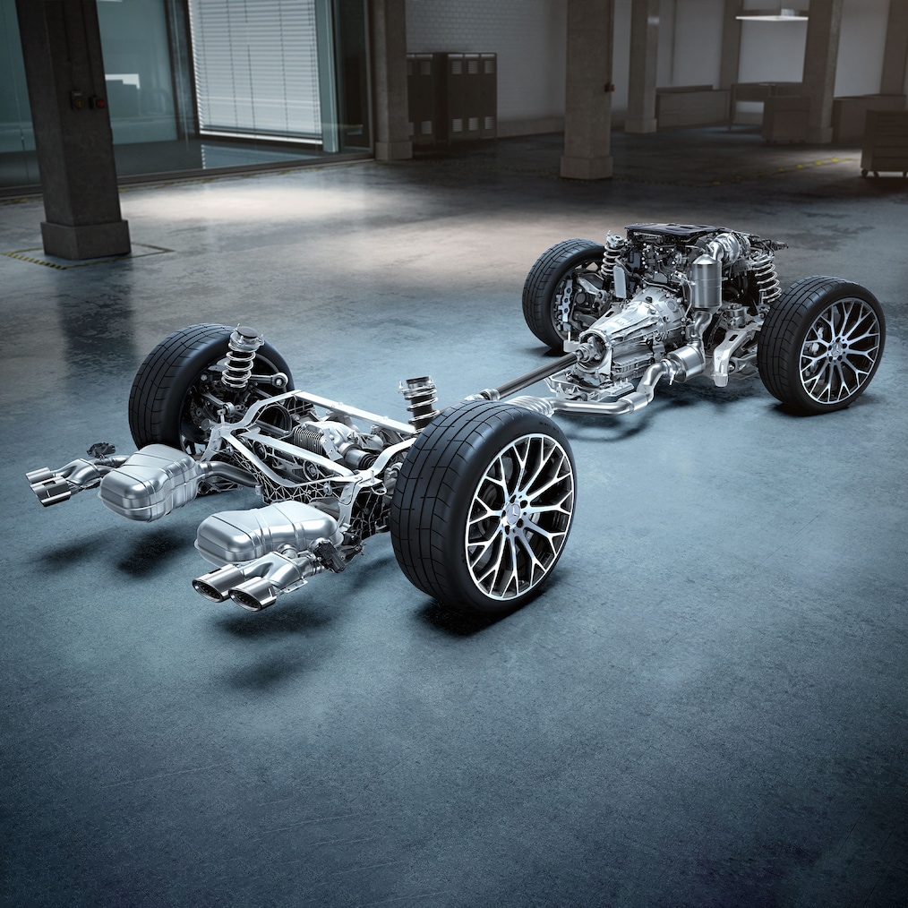 Cadeia cinemática do Mercedes-AMG SL Roadster no laboratório de engenharia.