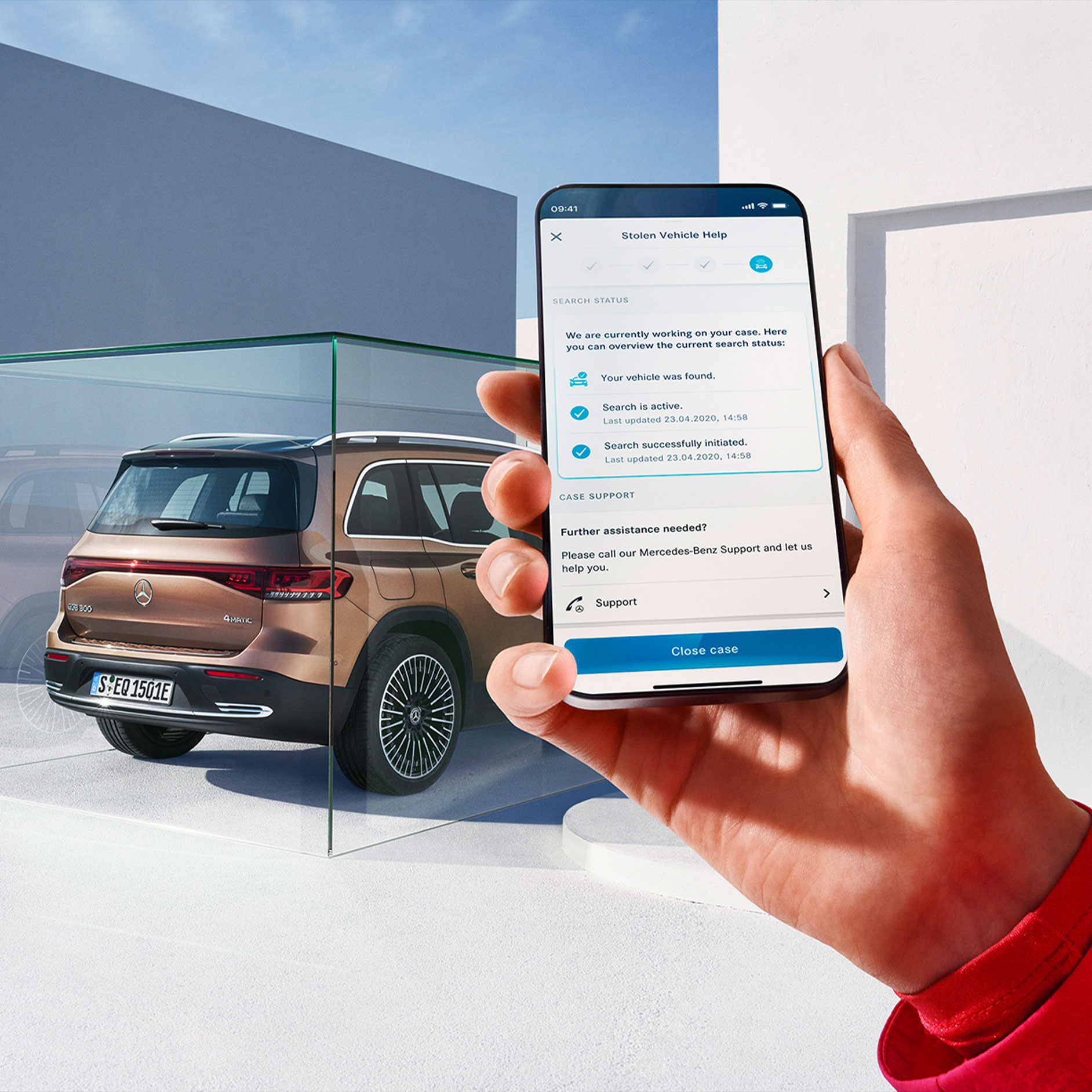 Ajuda no caso de roubo do veículo | GUARD 360˚ | Mercedes-Benz A Ajuda no caso de roubo do veículo é oferecida através de um Extra Digital GUARD 360˚ num smartphone numa aplicação Mercedes.