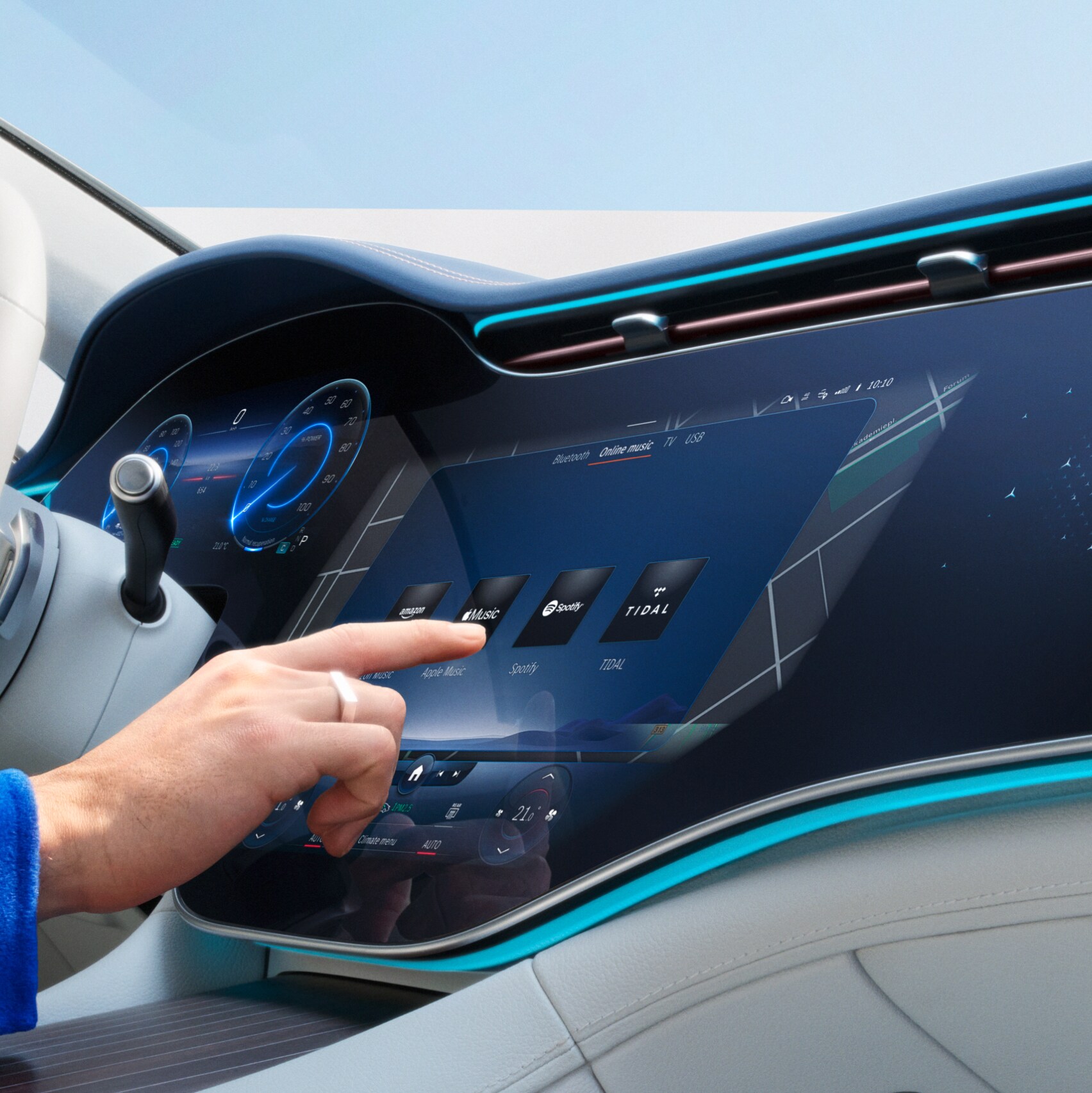 No ecrã do sistema multimédia MBUX de um Mercedes-Benz são selecionadas funcionalidades digitais extra.