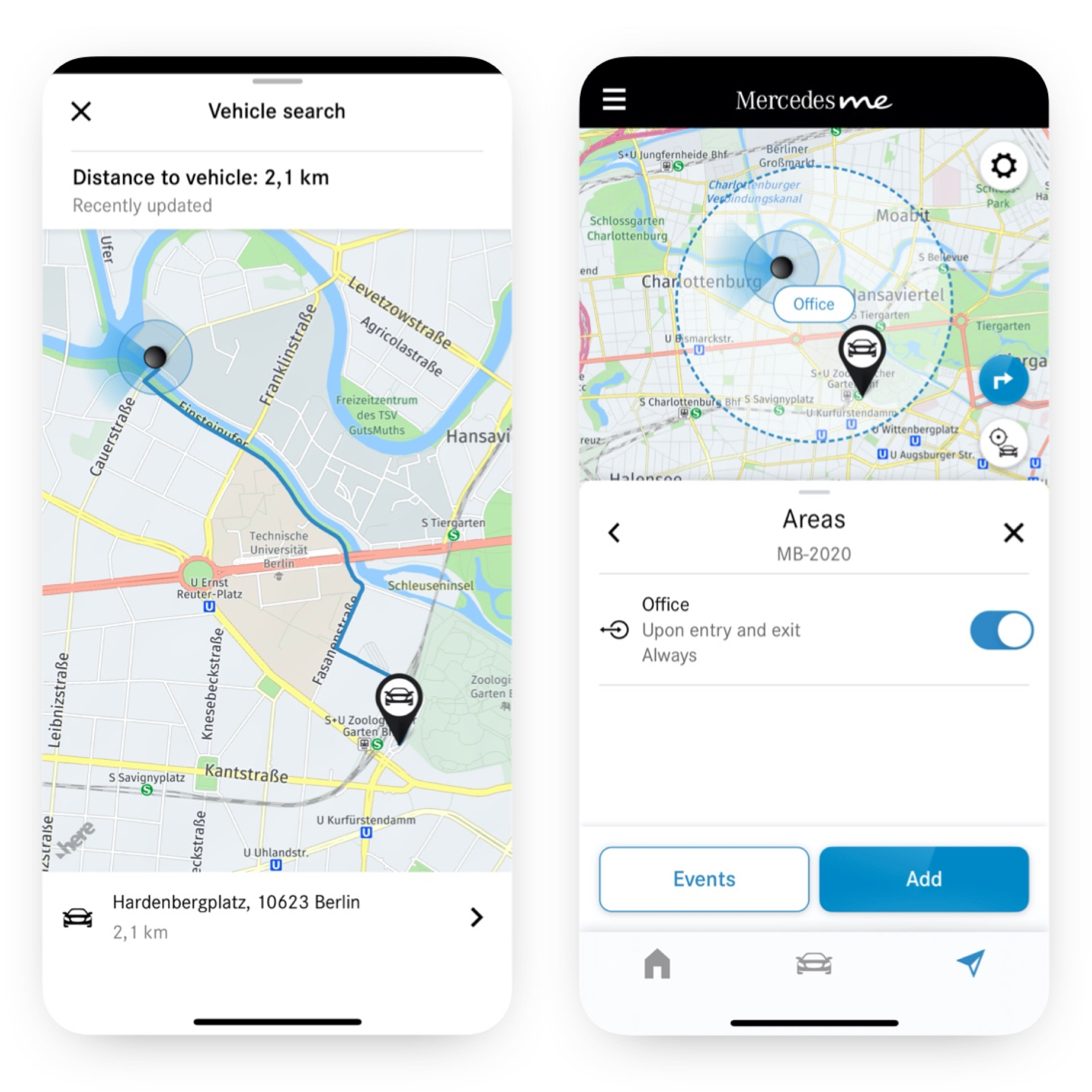 Geolocalizador | Pack Excelência | Mercedes me Num smartphone é apresentado se um veículo se desloca dentro ou fora de uma área definida graças à funcionalidade digital extra Geolocalizador.