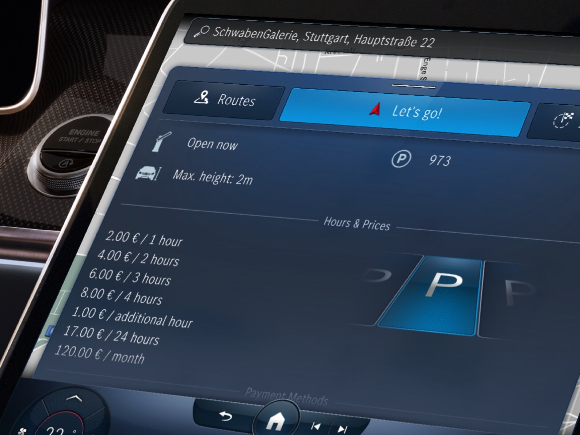 No ecrã do sistema multimédia MBUX, graças ao Extra Digital Serviço de estacionamento para navegação, são apresentados os estacionamentos disponíveis e os respetivos preços.