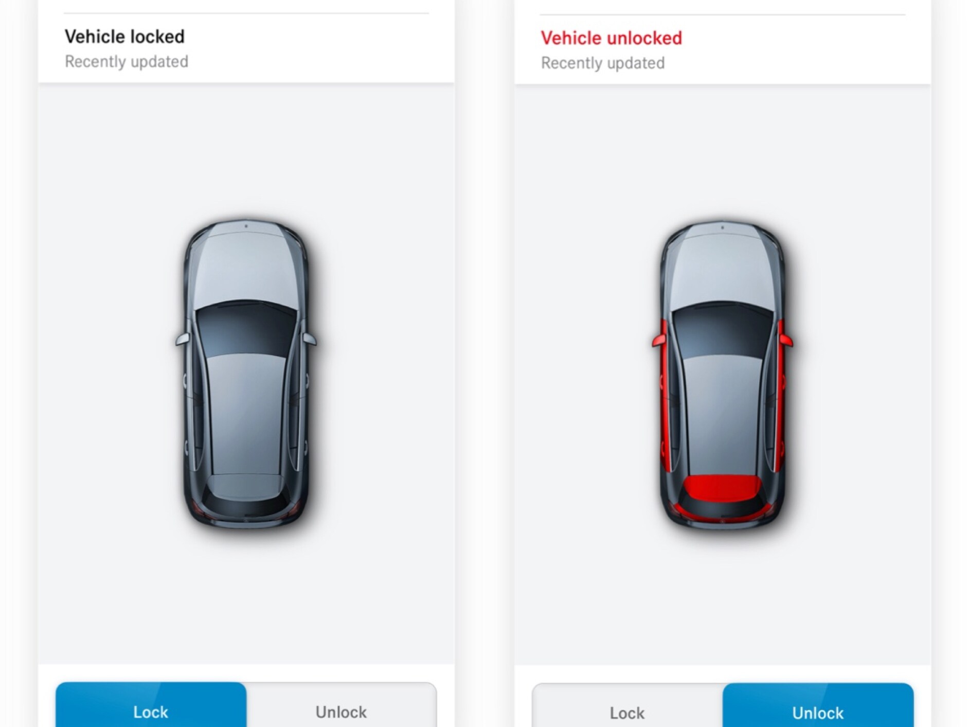 Num smartphone podem ser vistos os vários ecrãs que são apresentados quando a funcionalidade digital extra Fecho e abertura remota de portas deteta que nem todas as portas estão trancadas.