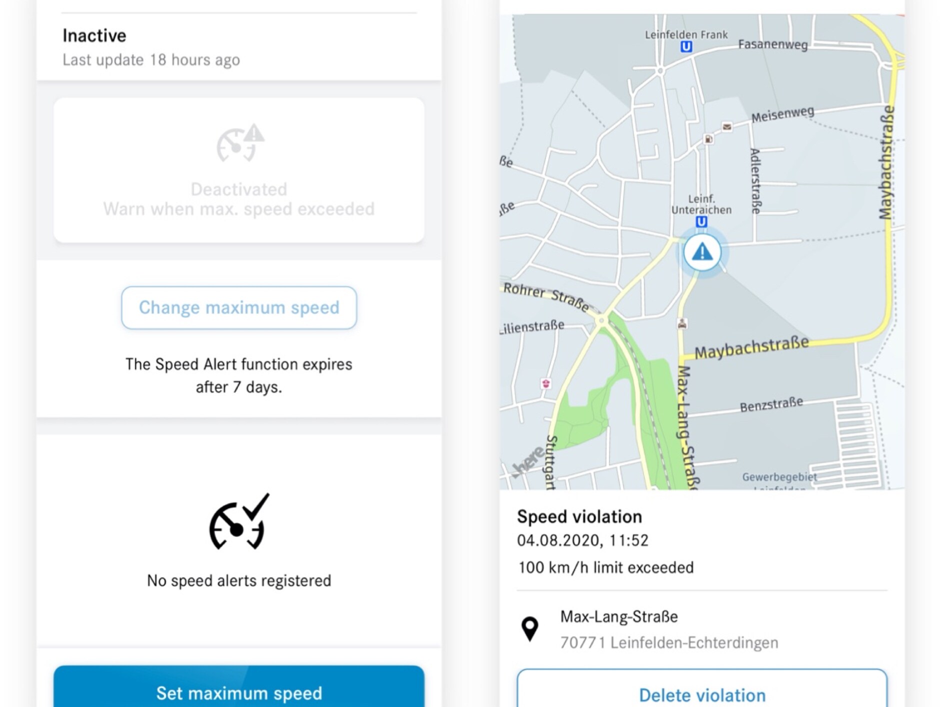 Num smartphone podem ser vistos os vários ecrãs que surgem quando a funcionalidade digital extra Definição do limite de velocidade está ativada e é detetada uma violação.