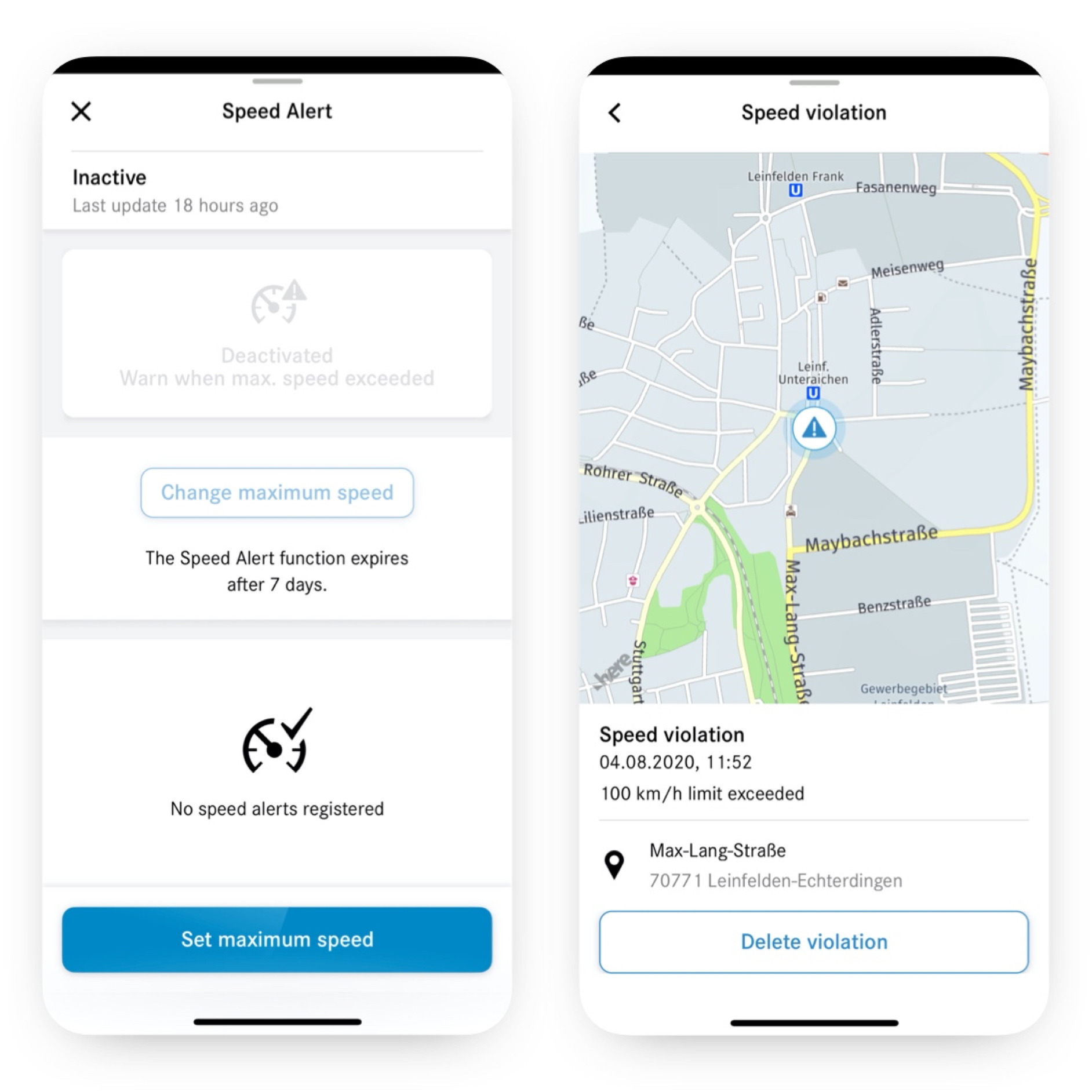 Definição do limite de velocidade | Pack Excelência | Mercedes me Num smartphone podem ser vistos os vários ecrãs que surgem quando a funcionalidade digital extra Definição do limite de velocidade está ativada e é detetada uma violação.