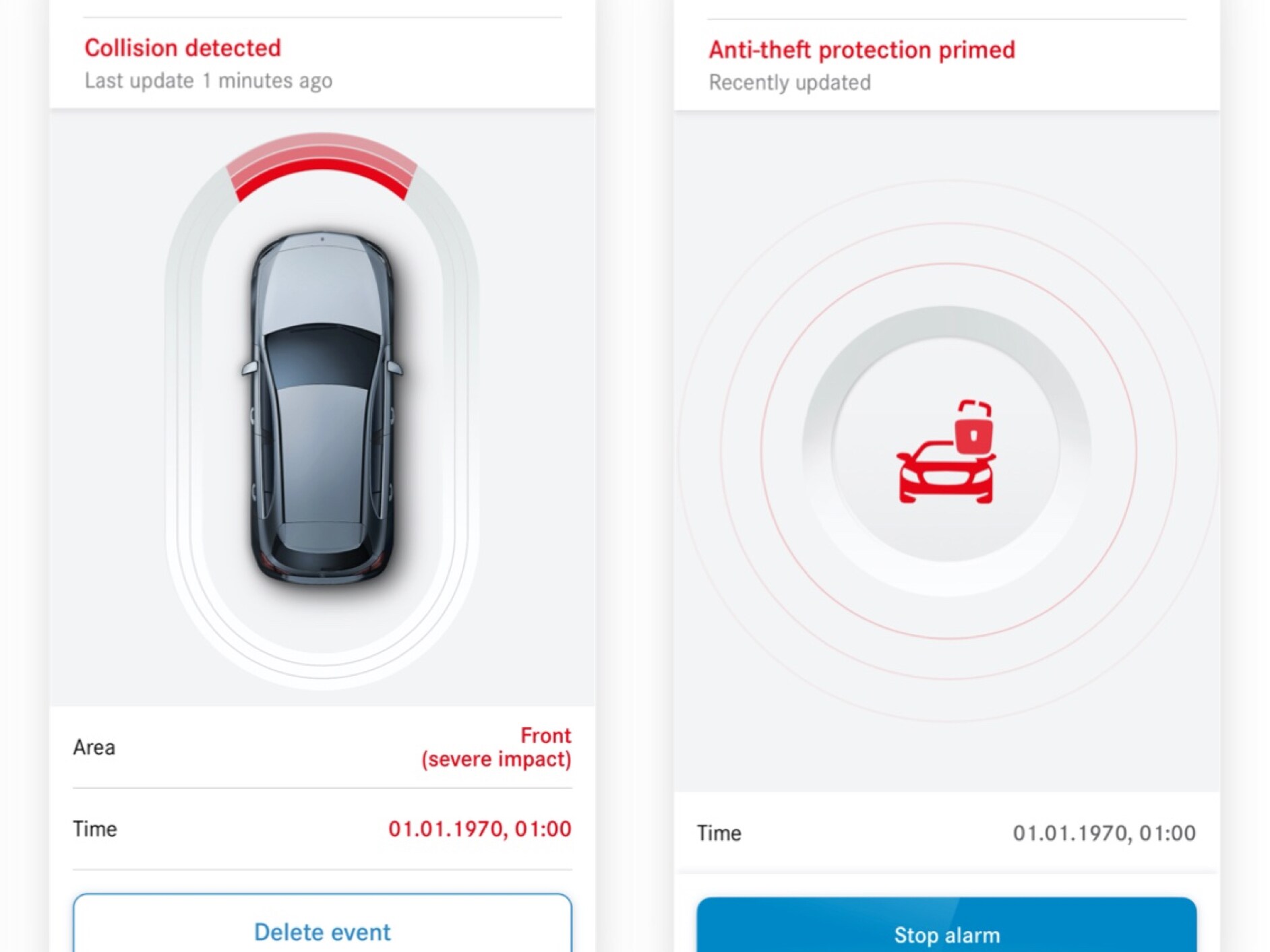 Num smartphone é indicado que ocorreu uma colisão com a funcionalidade digital extra Notificação de roubo e deteção de danos no estacionamento.