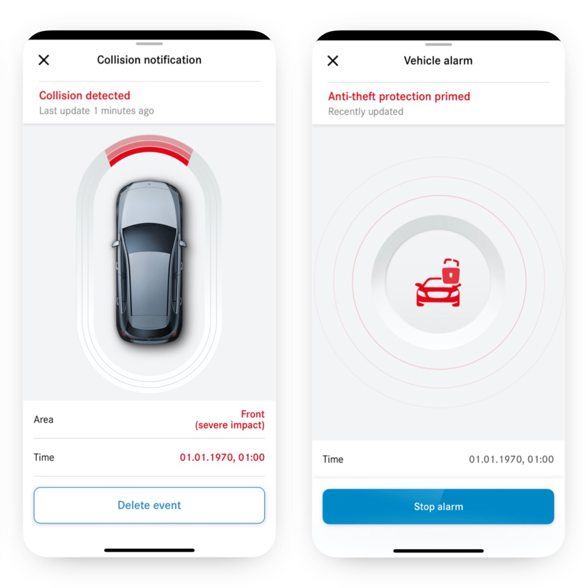 Notificação de roubo e deteção de danos no estacionamento | Pack Excelência | Mercedes me Num smartphone é indicado que ocorreu uma colisão com a funcionalidade digital extra Notificação de roubo e deteção de danos no estacionamento.