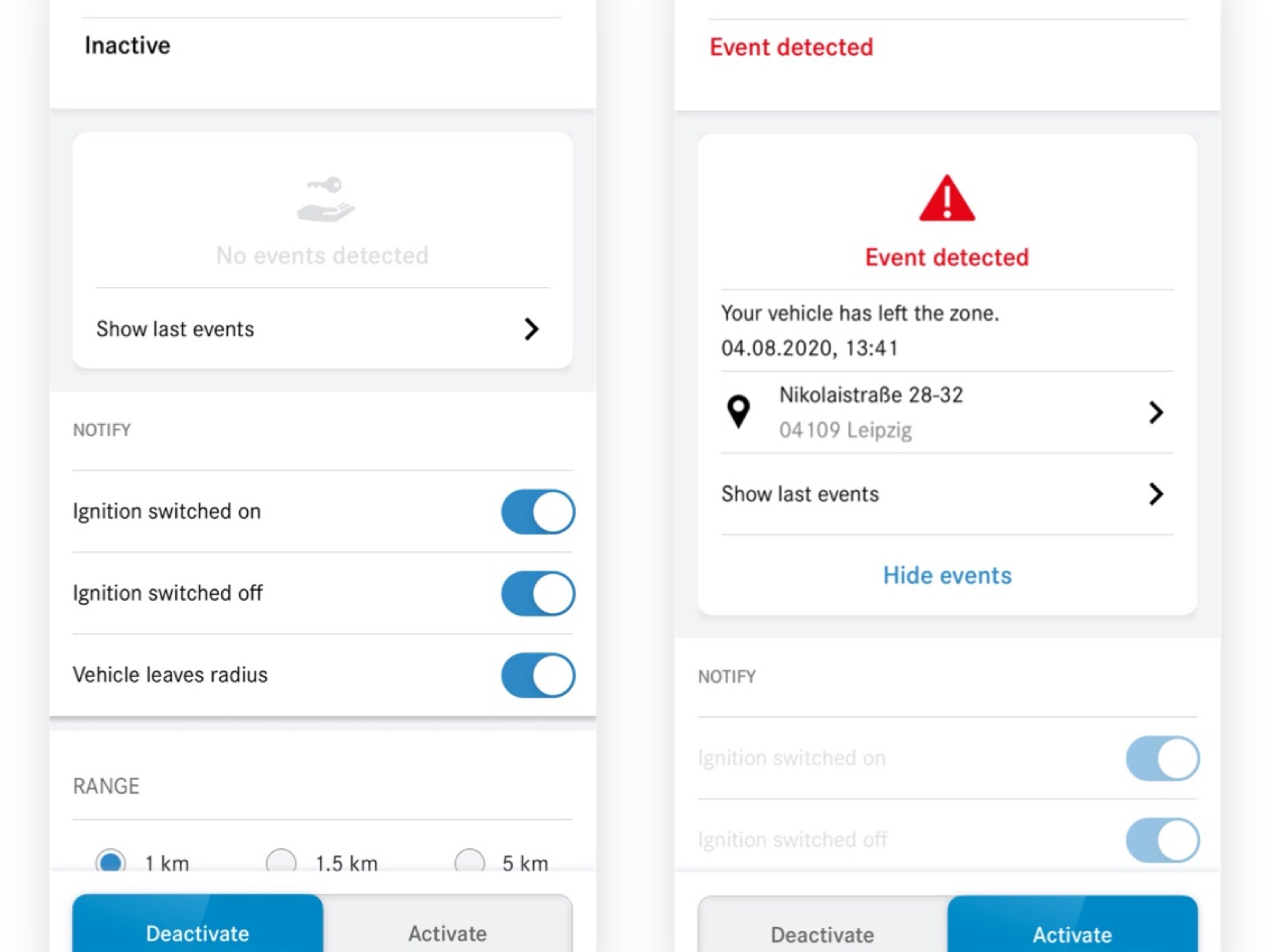 Num smartphone podem ser vistos os vários ecrãs que surgem quando o extra digital Controlo remoto do modo de serviço de estacionamento deteta uma violação.