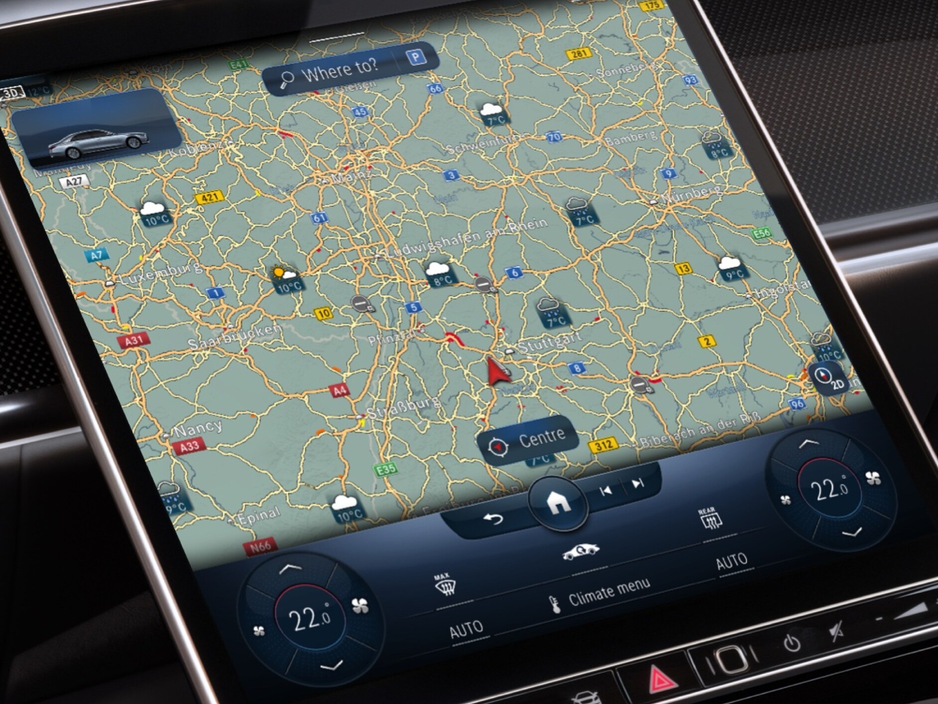 No sistema multimédia MBUX, graças ao Extra Digital Mapa meteorológico, é apresentada a previsão meteorológica na região de destino.