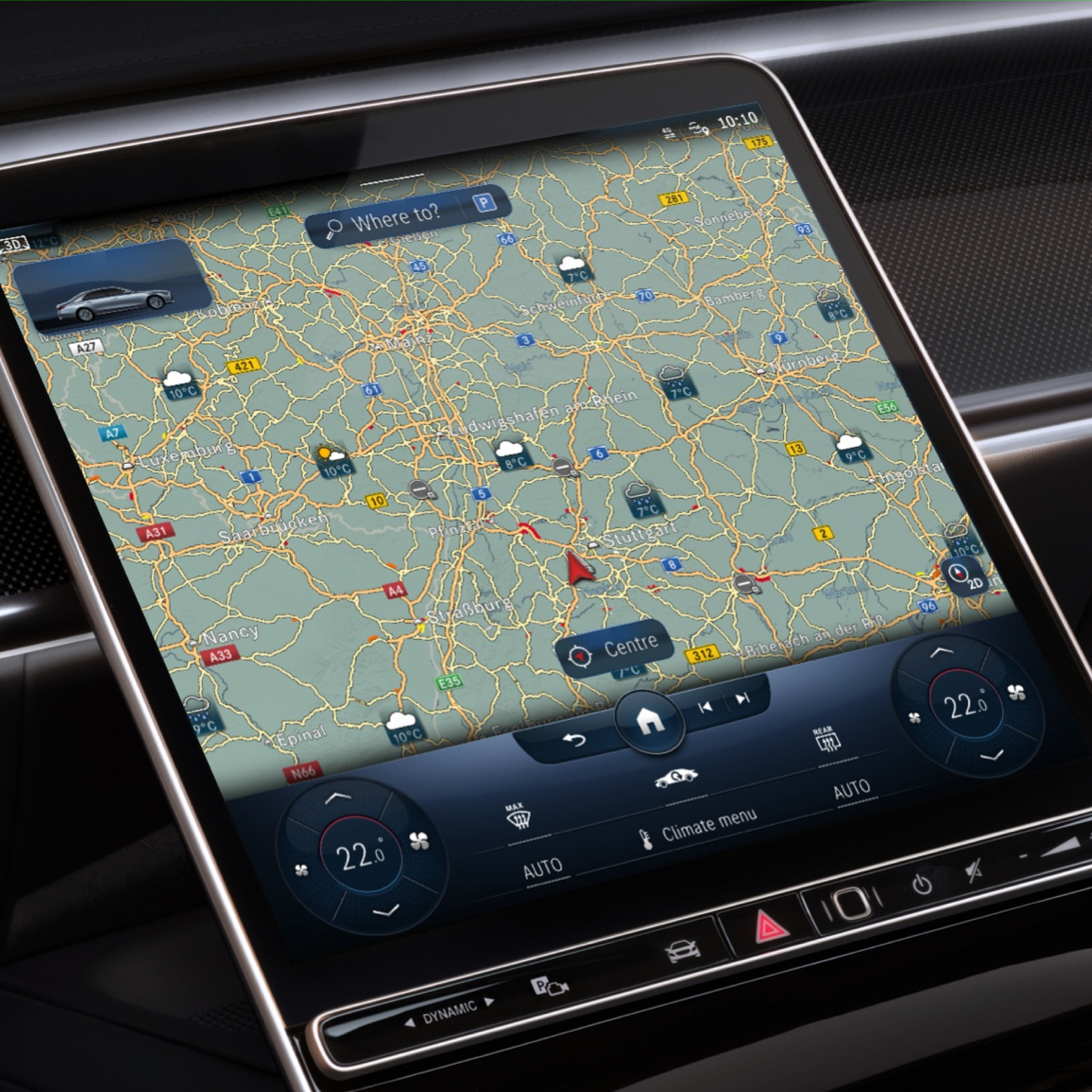 Mapa meteorológico | Navegação | Mercedes-Benz No sistema multimédia MBUX, graças ao Extra Digital Mapa meteorológico, é apresentada a previsão meteorológica na região de destino.