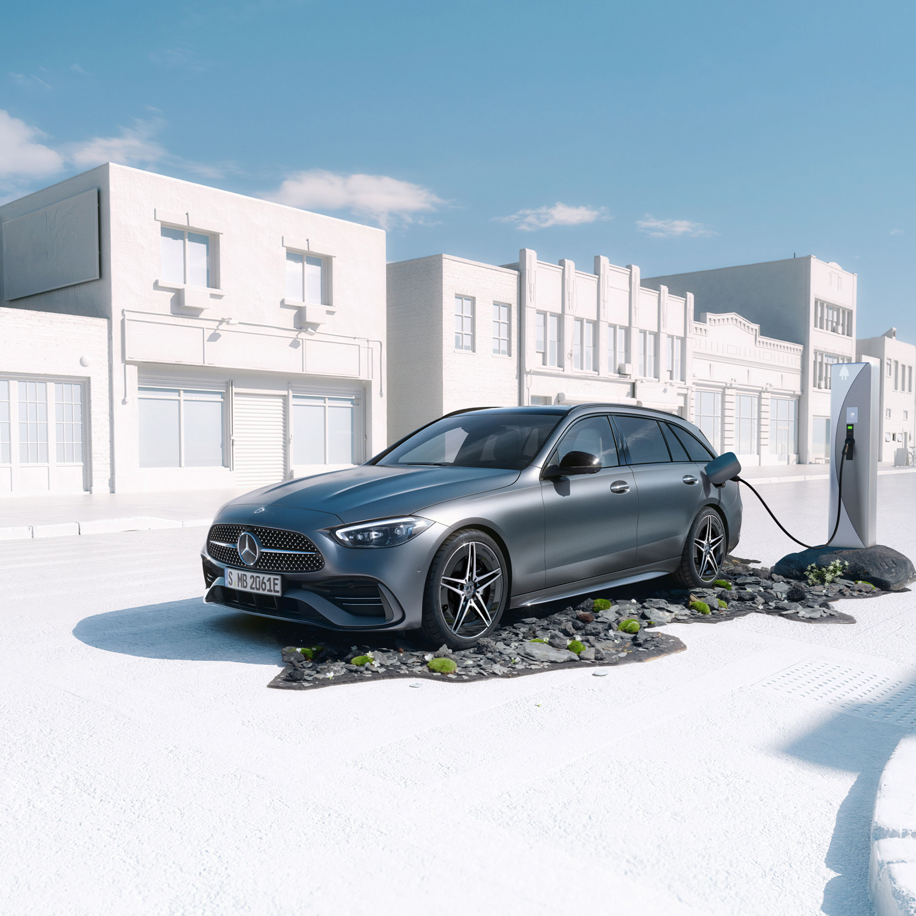 Mercedes-Benz | Land Sea Air | Híbrido plug-in Vista frontal lateral do classe C 300 e Station da Mercedes-Benz