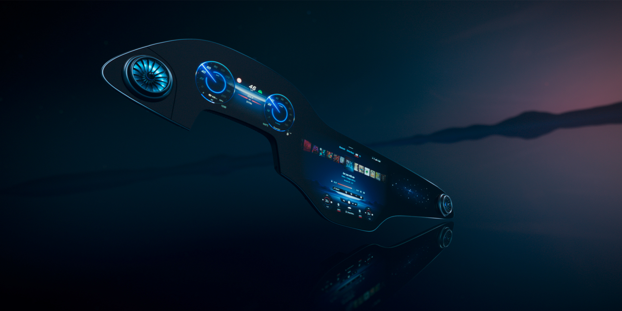 Entretenimento | Sistema multimédia MBUX | Mercedes-Benz Ecrã MBUX a flutuar livremente num espaço imaginário.