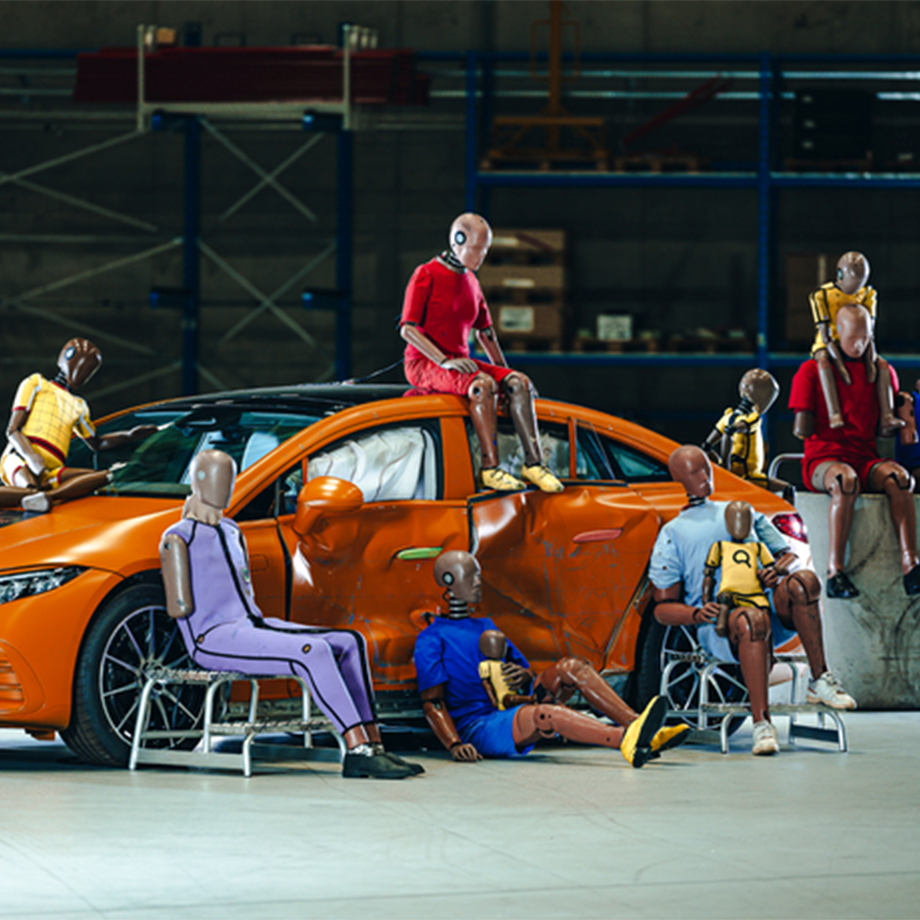 Bonecos de teste de colisão | Segurança | Mercedes-Benz Vários bonecos de teste de colisão sentados em cima e à volta de um carro Mercedes-Benz.