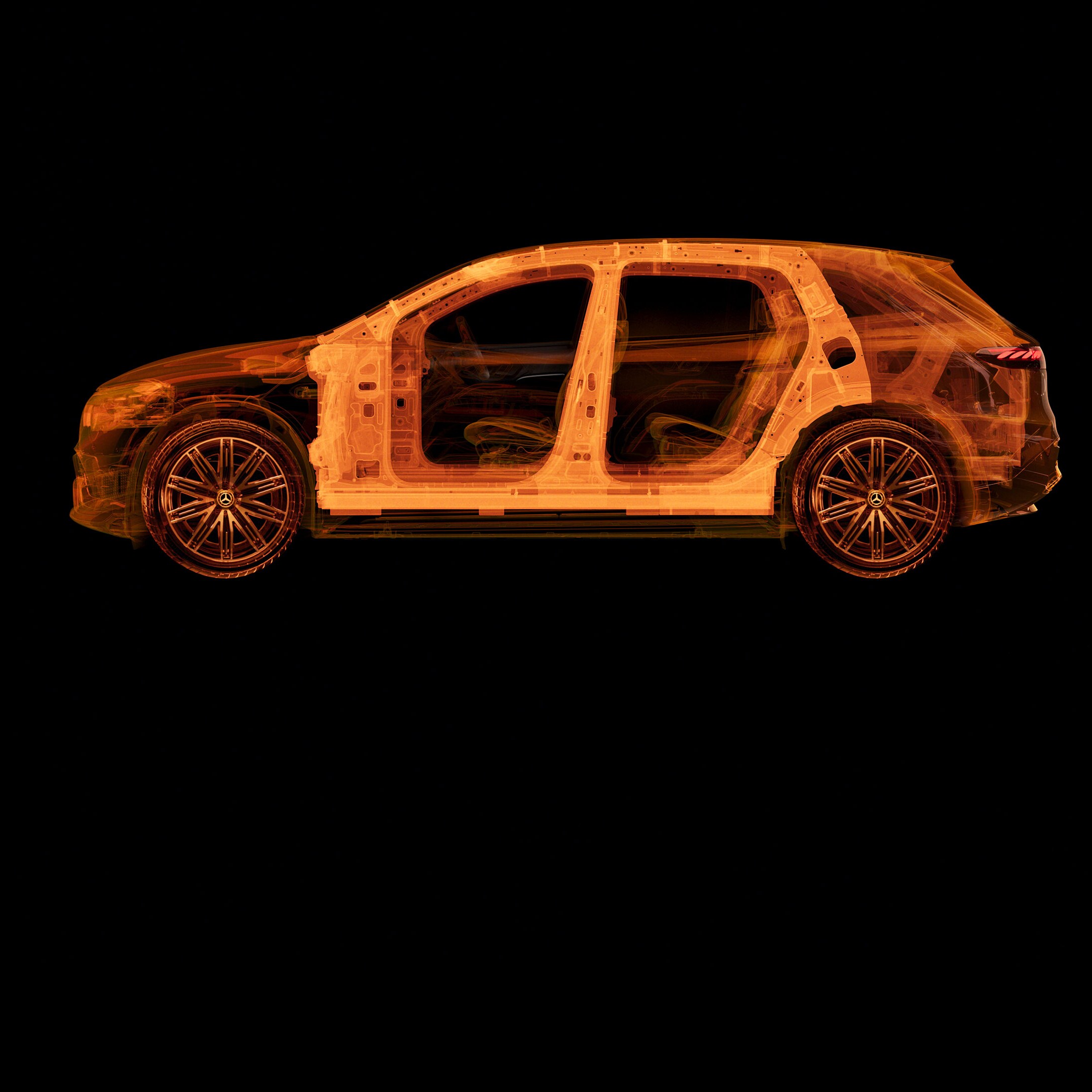 Vista lateral transparente de um automóvel Mercedes-Benz mostrando as estruturas interiores.