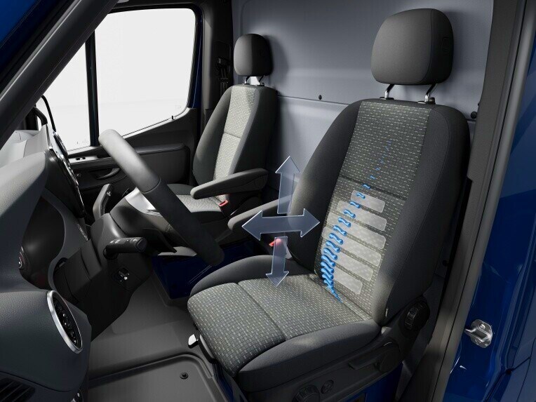 O apoio lombar do banco do condutor e do acompanhante no Mercedes-Benz eSprinter Furgão.