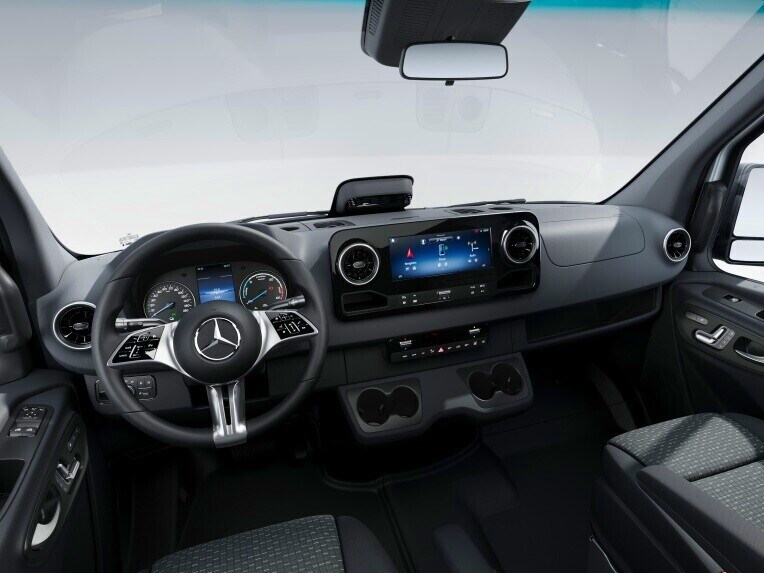 A cabina do condutor do Mercedes-Benz eSprinter Furgão com a linha de equipamento SELECT.