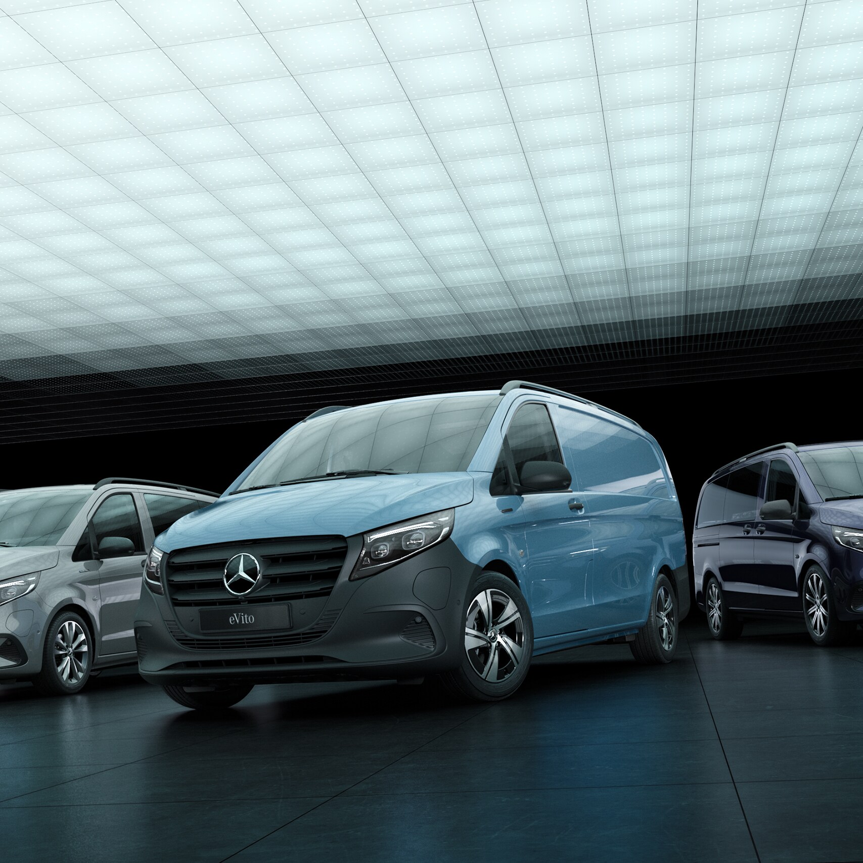 Os novos modelos Mercedes-Benz eVito e Vito podem ser apreciados num pavilhão com iluminação atmosférica.