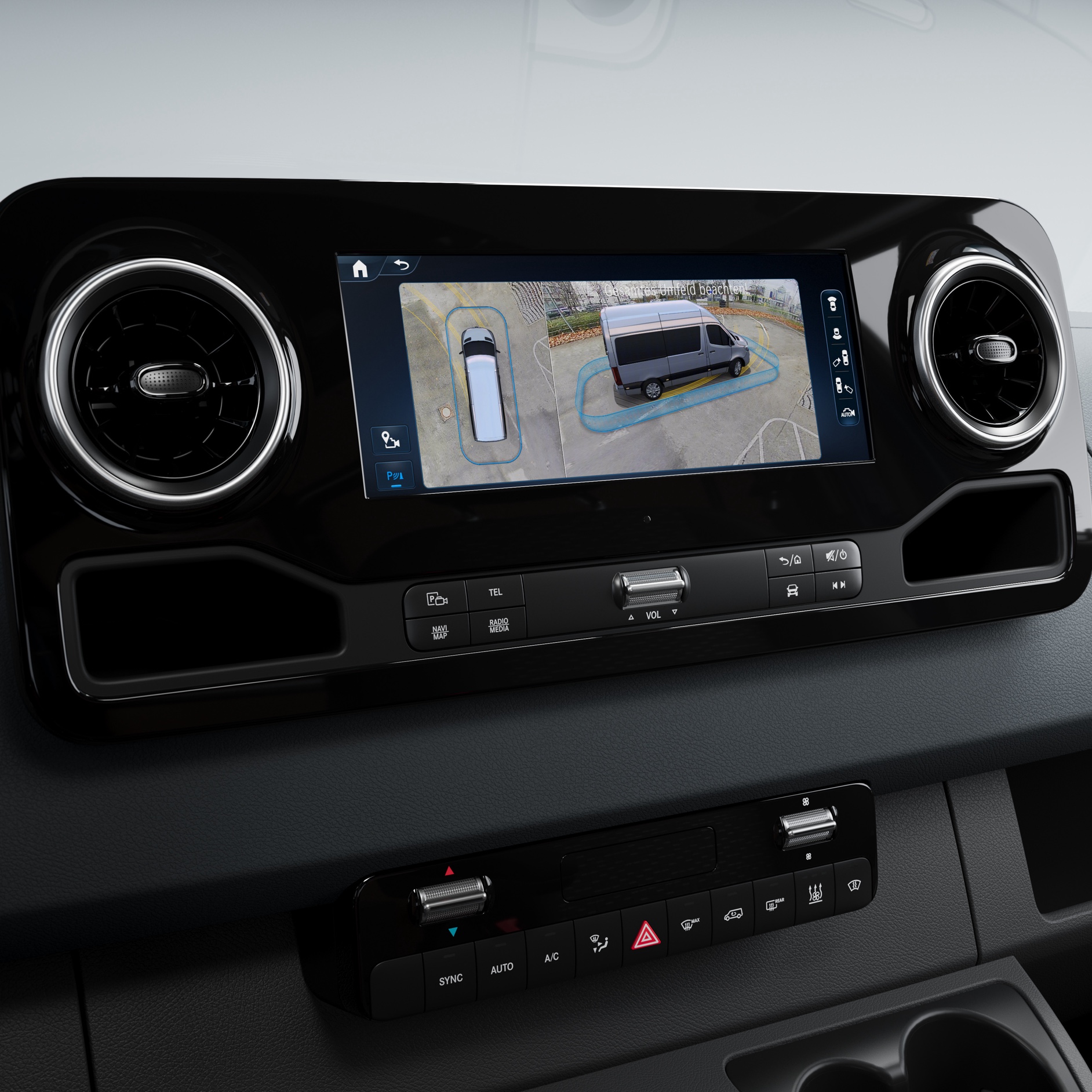 Características do veículo | Sprinter | Mercedes-Benz Display 360° surround view do Pack Parking para o Mercedes-Benz Sprinter.