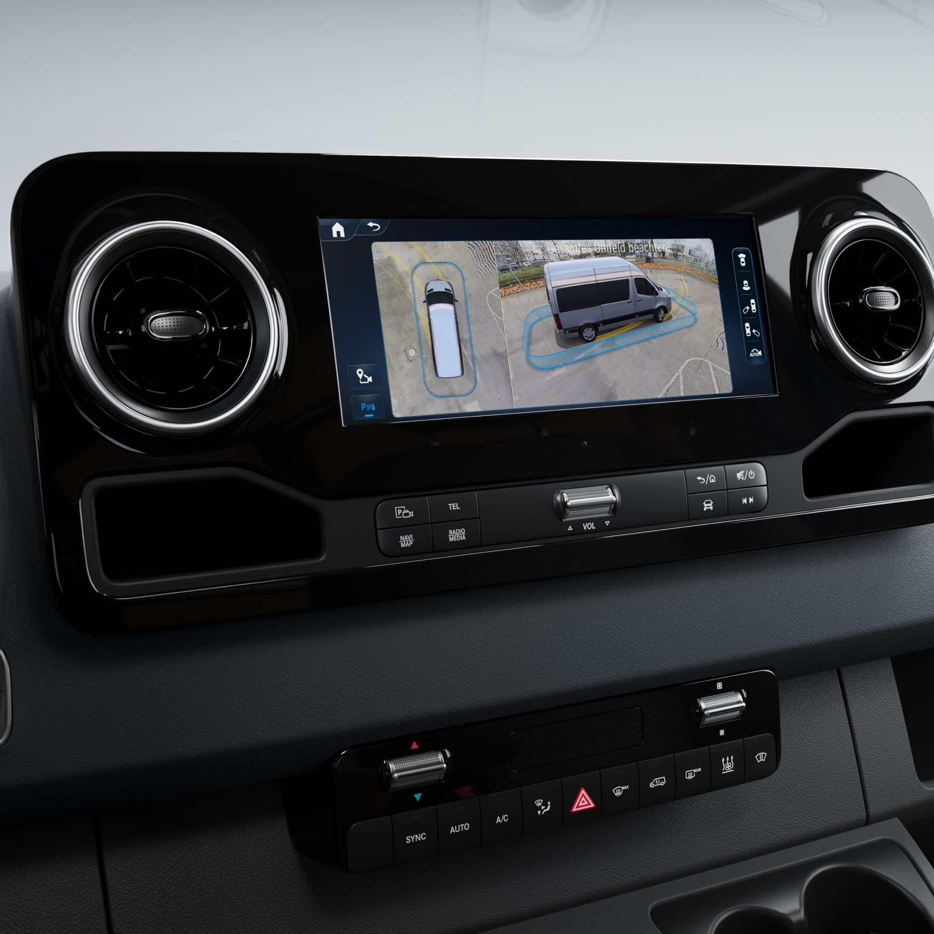 Sistema multimédia MBUX | Visão 3D Surround | Mercedes-Benz A Visão 3D Surround no sistema multimédia MBUX num veículo comercial ligeiro Mercedes-Benz.