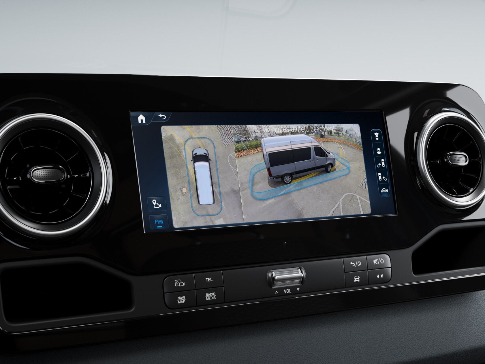 A Visão 3D Surround no sistema multimédia MBUX num comercial ligeiro Mercedes-Benz.