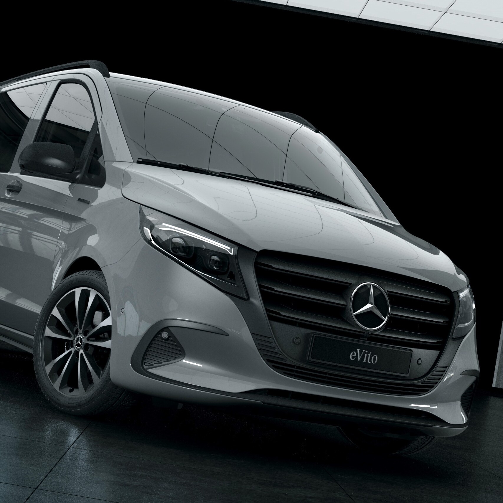 O Mercedes-Benz eVito Tourer num armazém com paredes de betão.