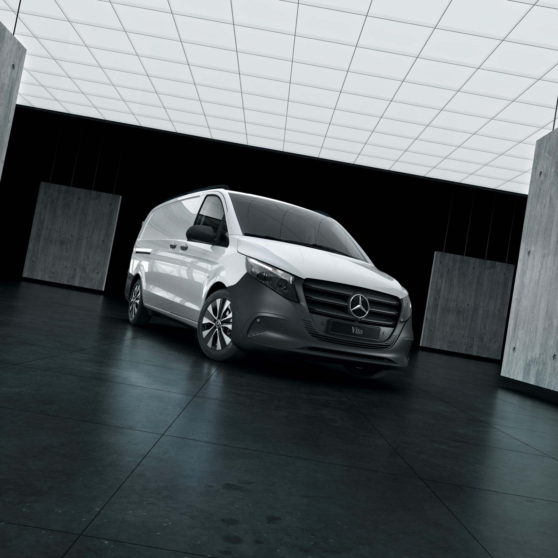 Segurança e assistência | Veículos comerciais ligeiros Mercedes-Benz O Mercedes-Benz Vito Furgão num armazém com paredes de betão.
